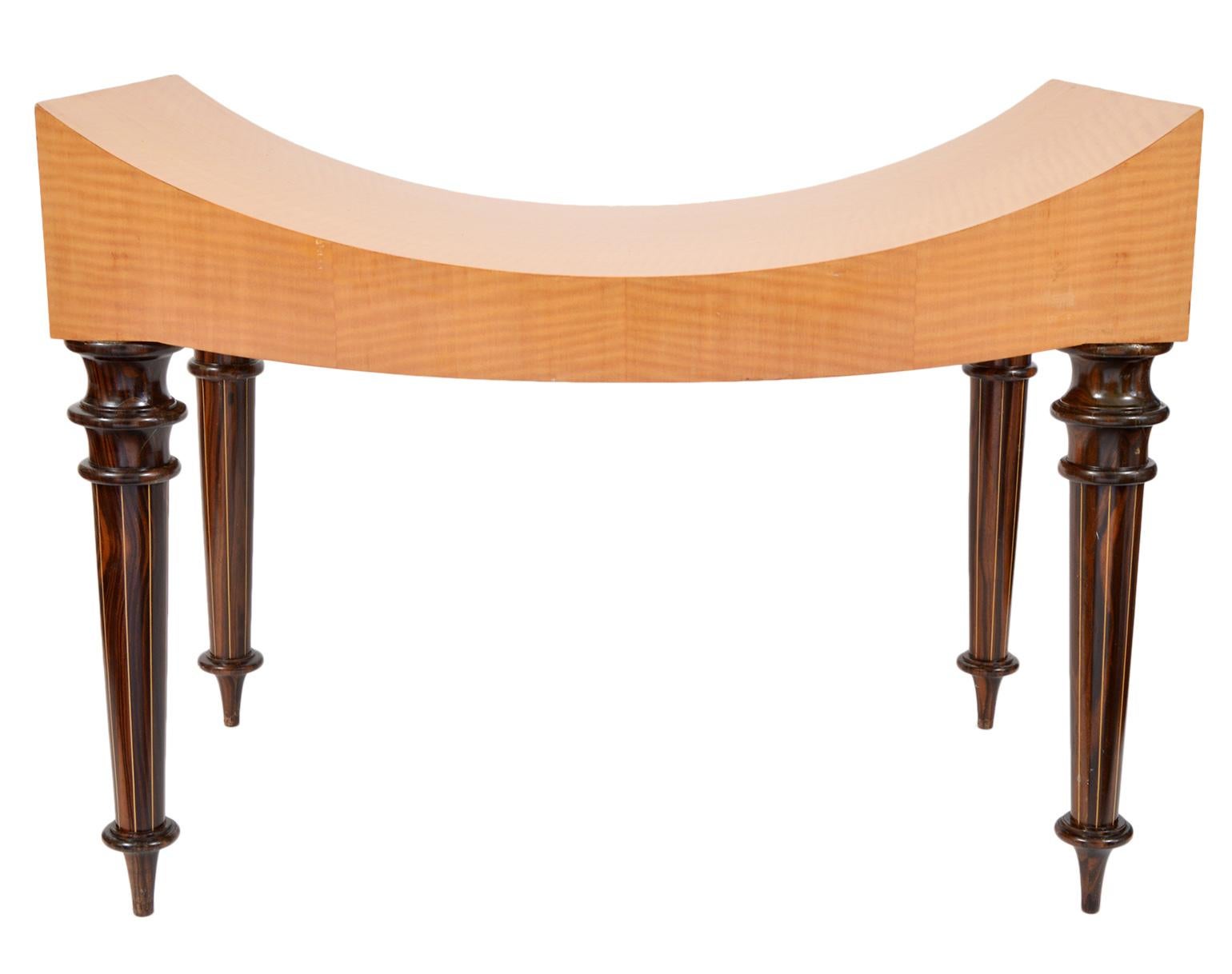 Exiting design by Todd Granzow, Santa Fe, combining minimalist tiger maple shaped seats with 19th century style turned and string inlaid rosewood legs. A feast for the eyes.