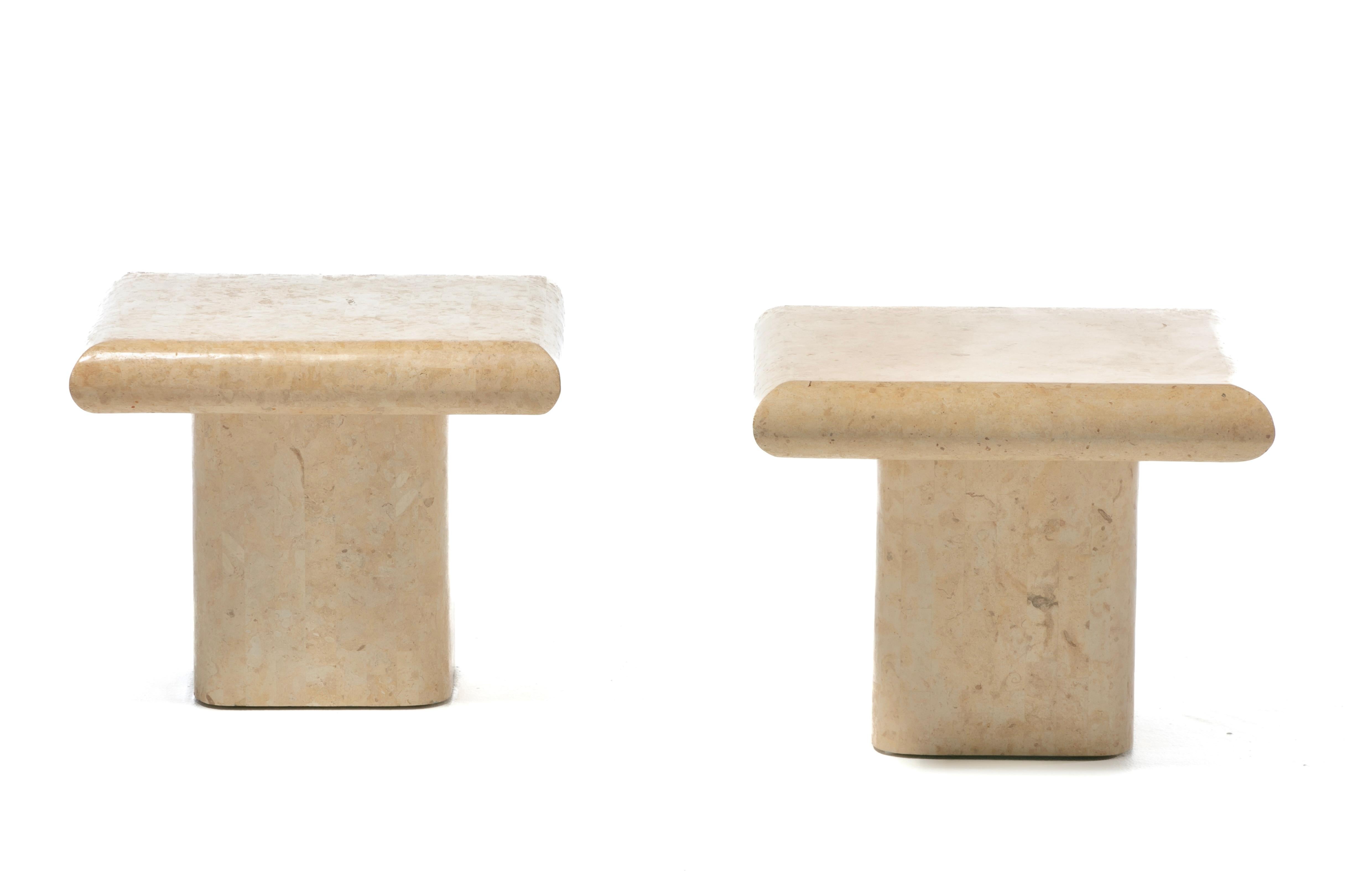 Hailing from the 1980s is this sculptural pair of Travertine handmade Post Modern Side or End Tables. High Style Organic Modern. The tables' travertine - a rock made by natural hot springs - is an organic patchwork of shapes and details from all