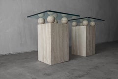 Pair of Post Modern Travertine & Glass Side Tables