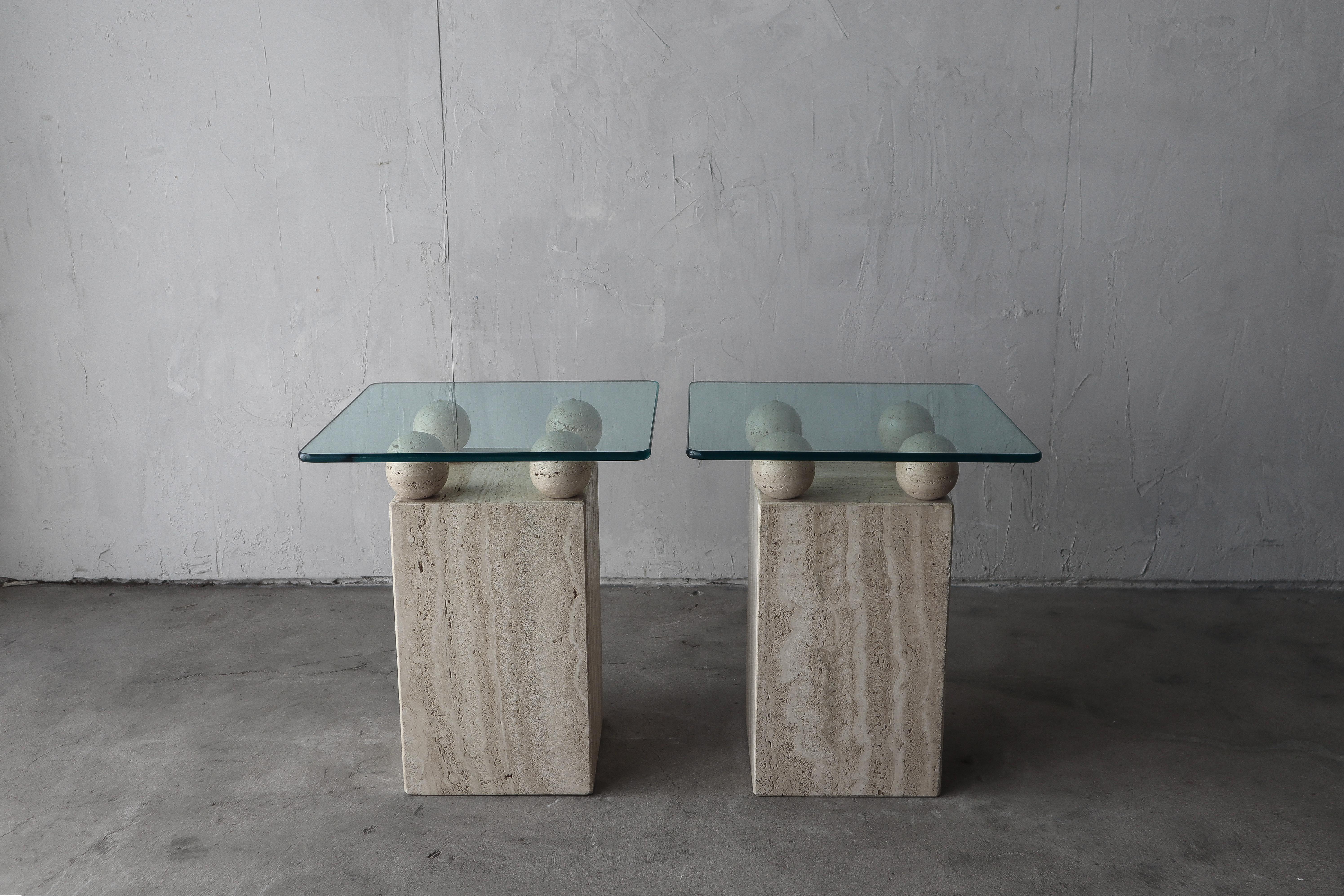 Pair of Post Modern Travertine & Glass Side Tables In Good Condition In Las Vegas, NV