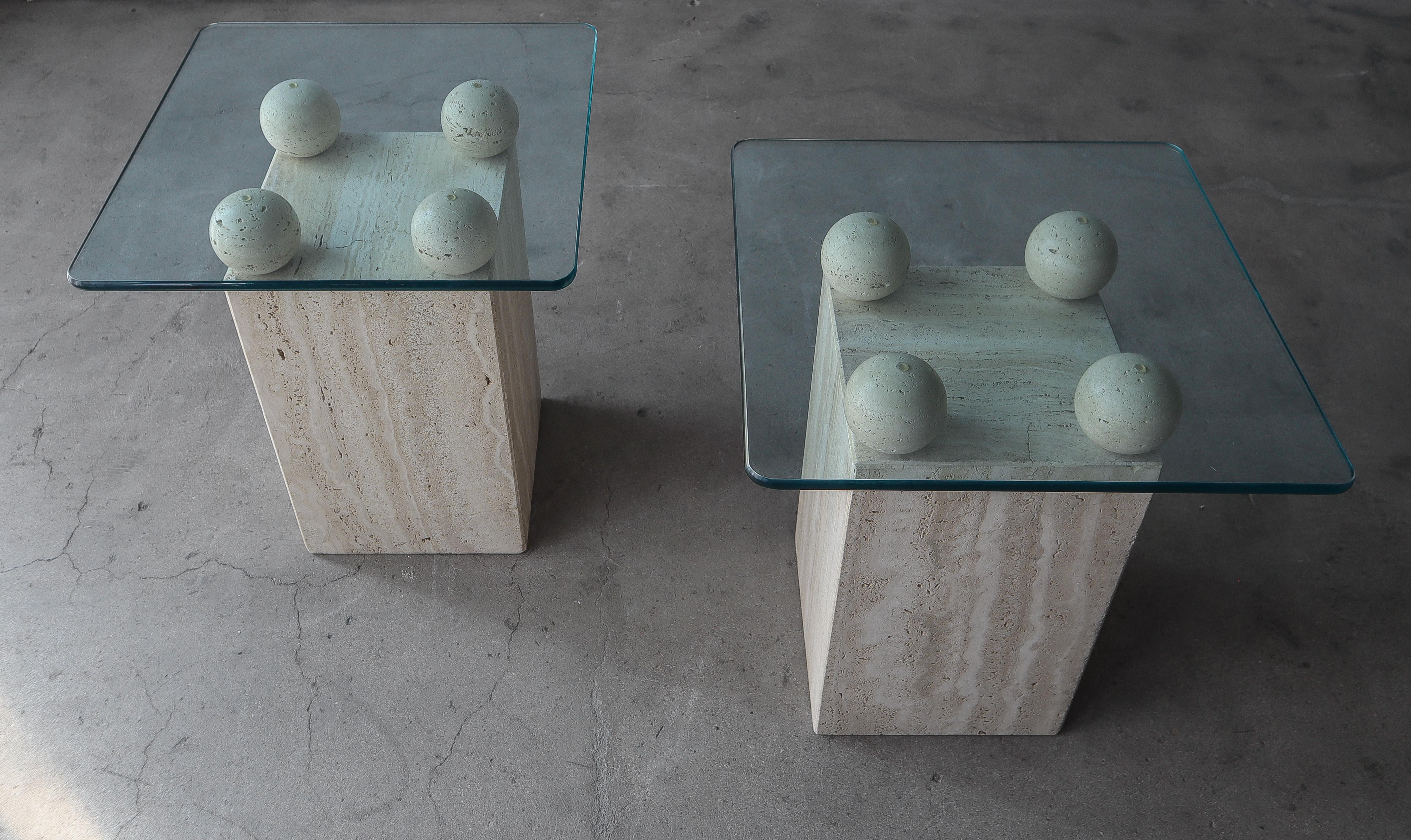 20th Century Pair of Post Modern Travertine & Glass Side Tables