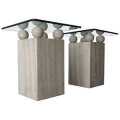 Pair of Post Modern Travertine & Glass Side Tables