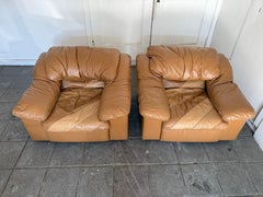 Pair of post modern vintage 3 tone low wide leather lounge chairs Italy