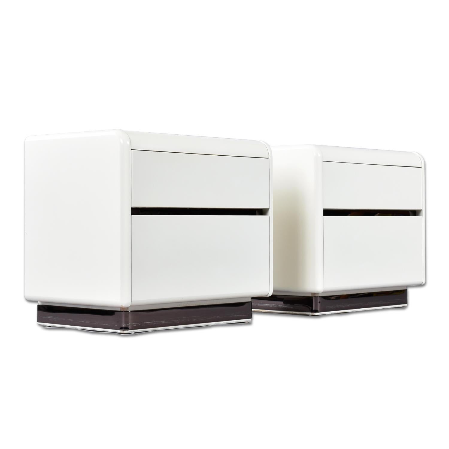 Pair of Post Modern White and Gun Metal Gray Chrome Nightstands by Lane