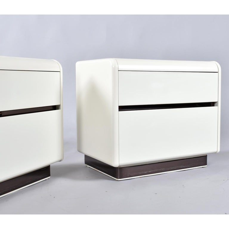 Pair of Post Modern White and Gun Metal Gray Chrome Nightstands by Lane