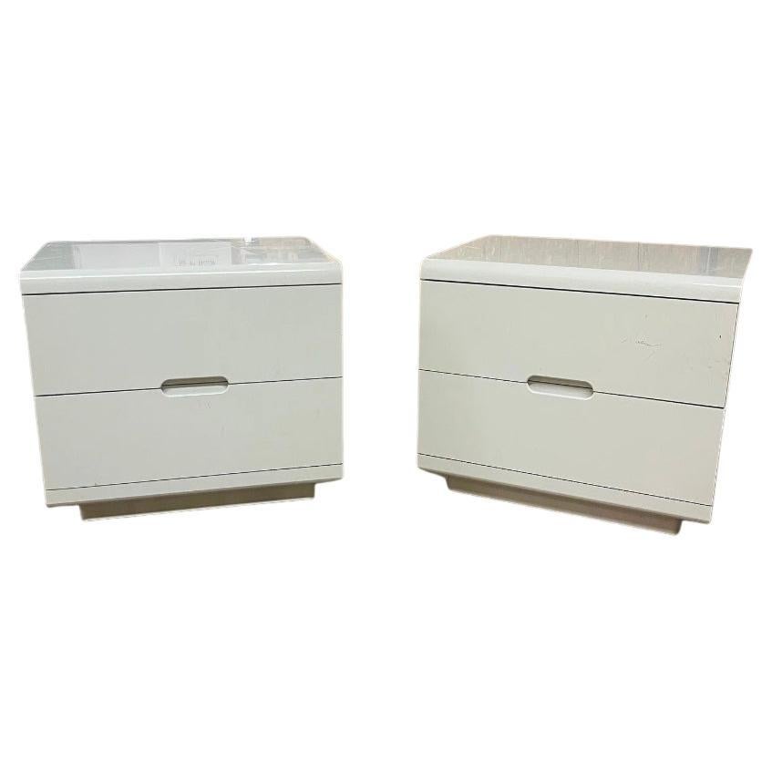 Pair of Post modern white Gloss Lacquer  Nightstand 2 Drawers. Beautiful condition inside and out. Labeled 1988 - 2 Drawer Nightstand all drawers are made of solid wood and have metal glides all smooth. Shows very little use - Has original tag