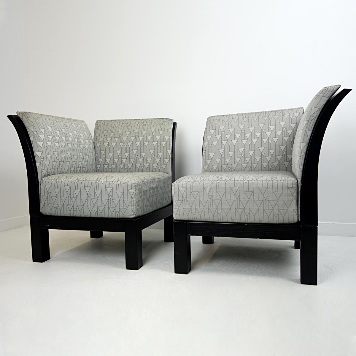 Austrian Pair of Postmodern Wooden Easy Chairs or Bench with Graphic Fabric by Thonet
