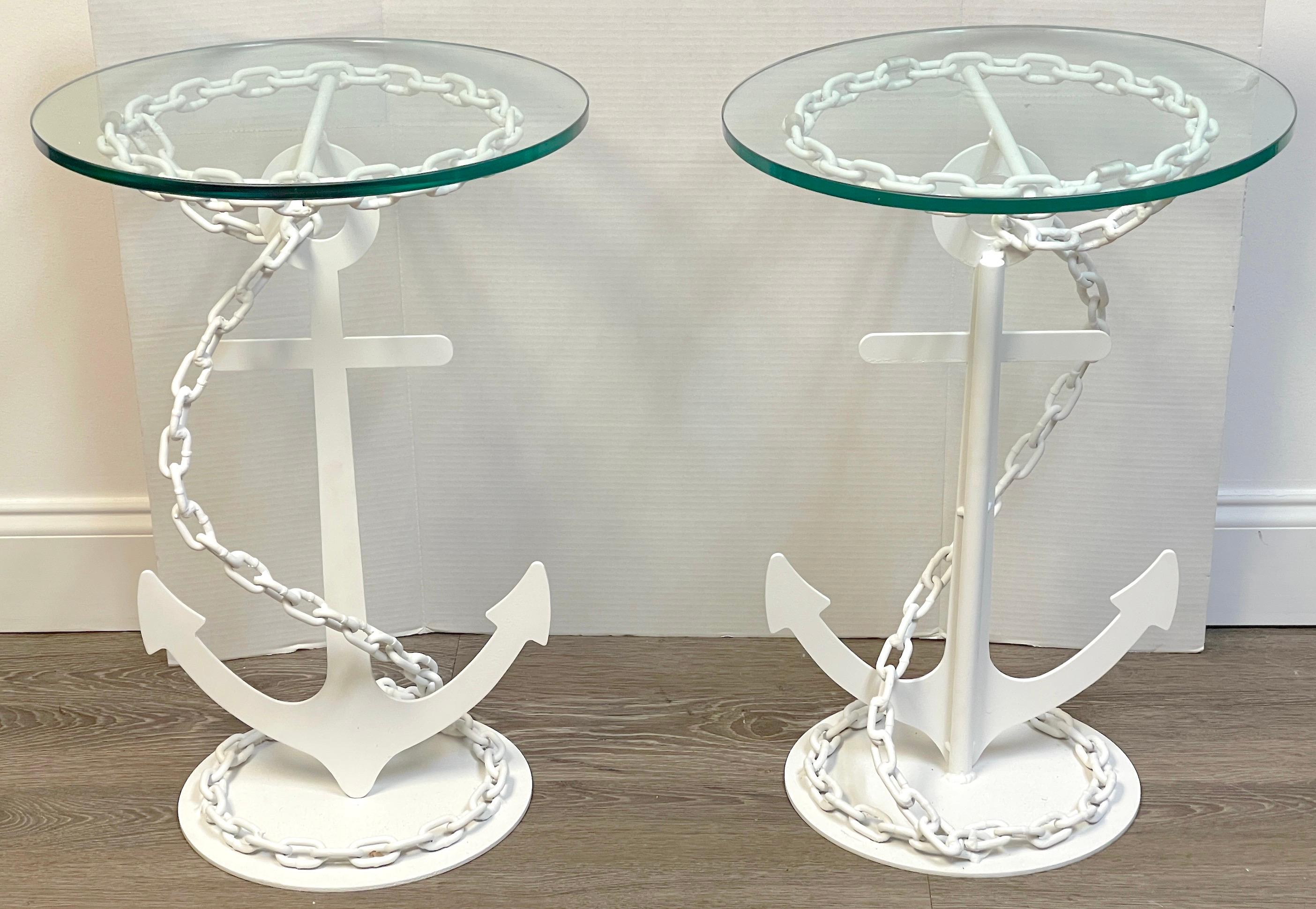 Pair of Post WWII modern wrought iron anchor & chain yacht side tables 
USA, Post WWII
Provenance: Palm Beach Estate

Each modern wrought iron anchor & chain yacht table is a visual optical sculpture, functional with a nod to whimsy. 
These