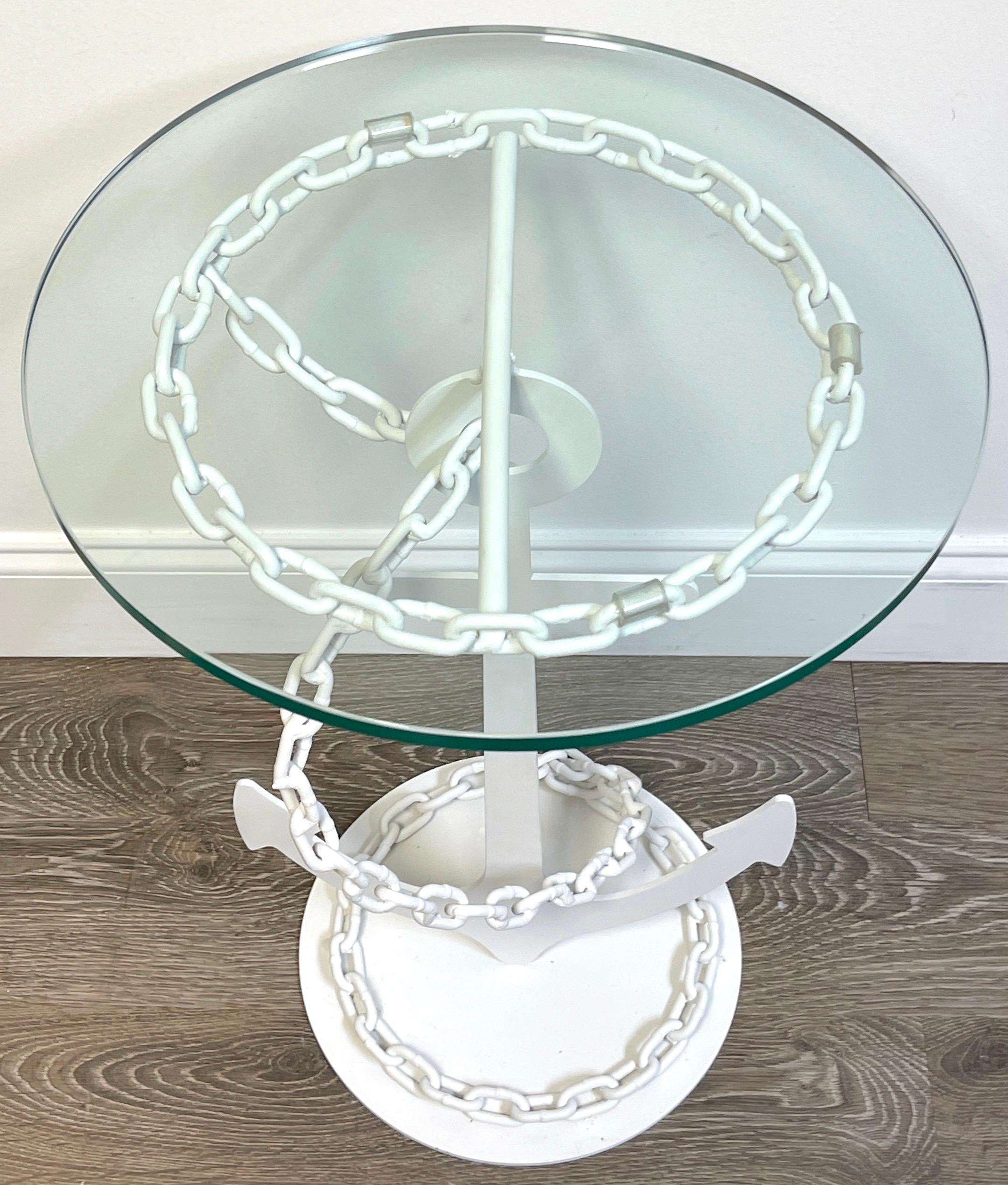 Glass Pair of Post WWII Modern Wrought Iron Anchor & Chain Yacht Side Tables For Sale