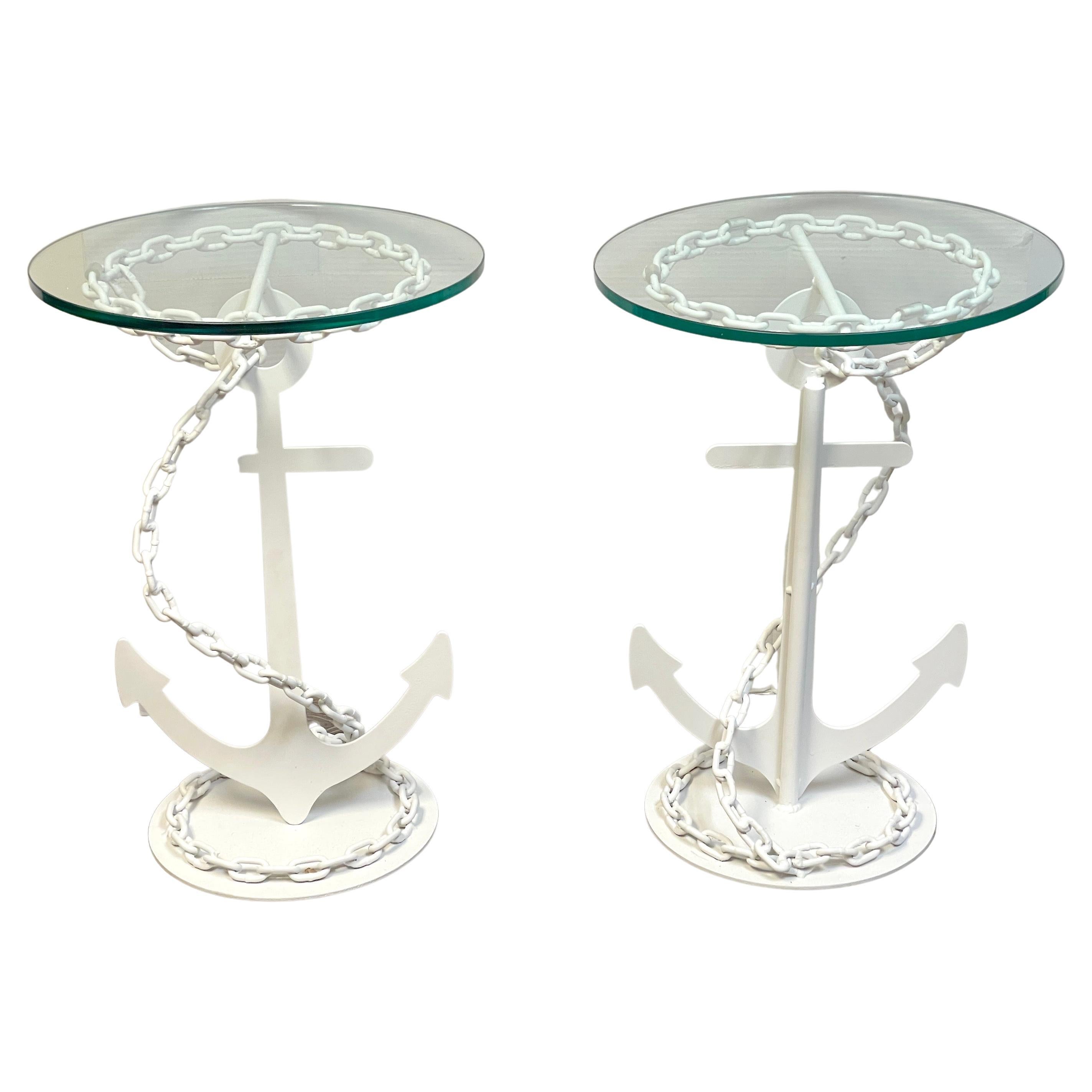 Pair of Post WWII Modern Wrought Iron Anchor & Chain Yacht Side Tables For Sale