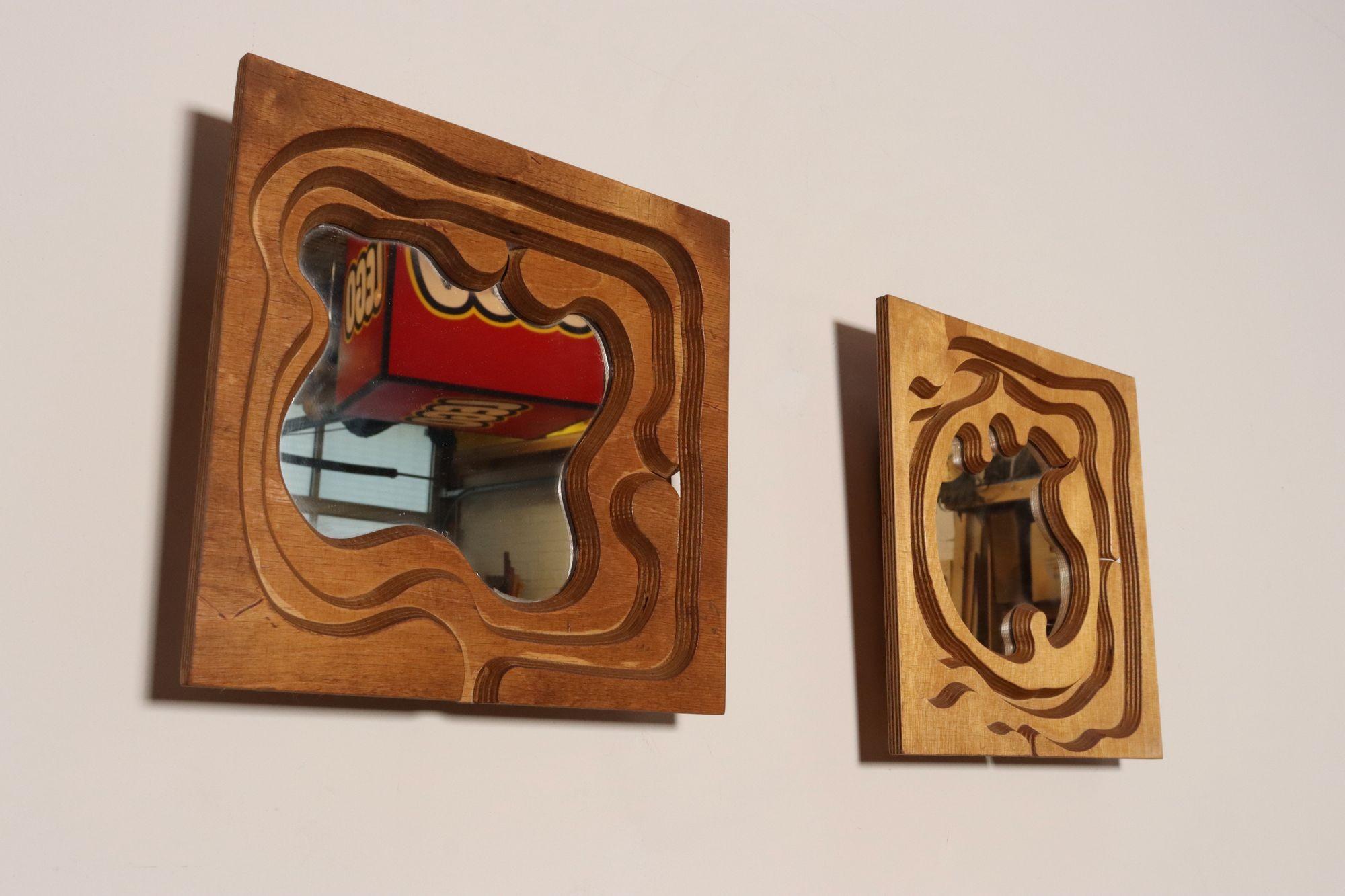 Post-Modern Pair of Postmodern 3D Wooden Sculptural Puzzle Mirrors by Bernette Rudolph For Sale