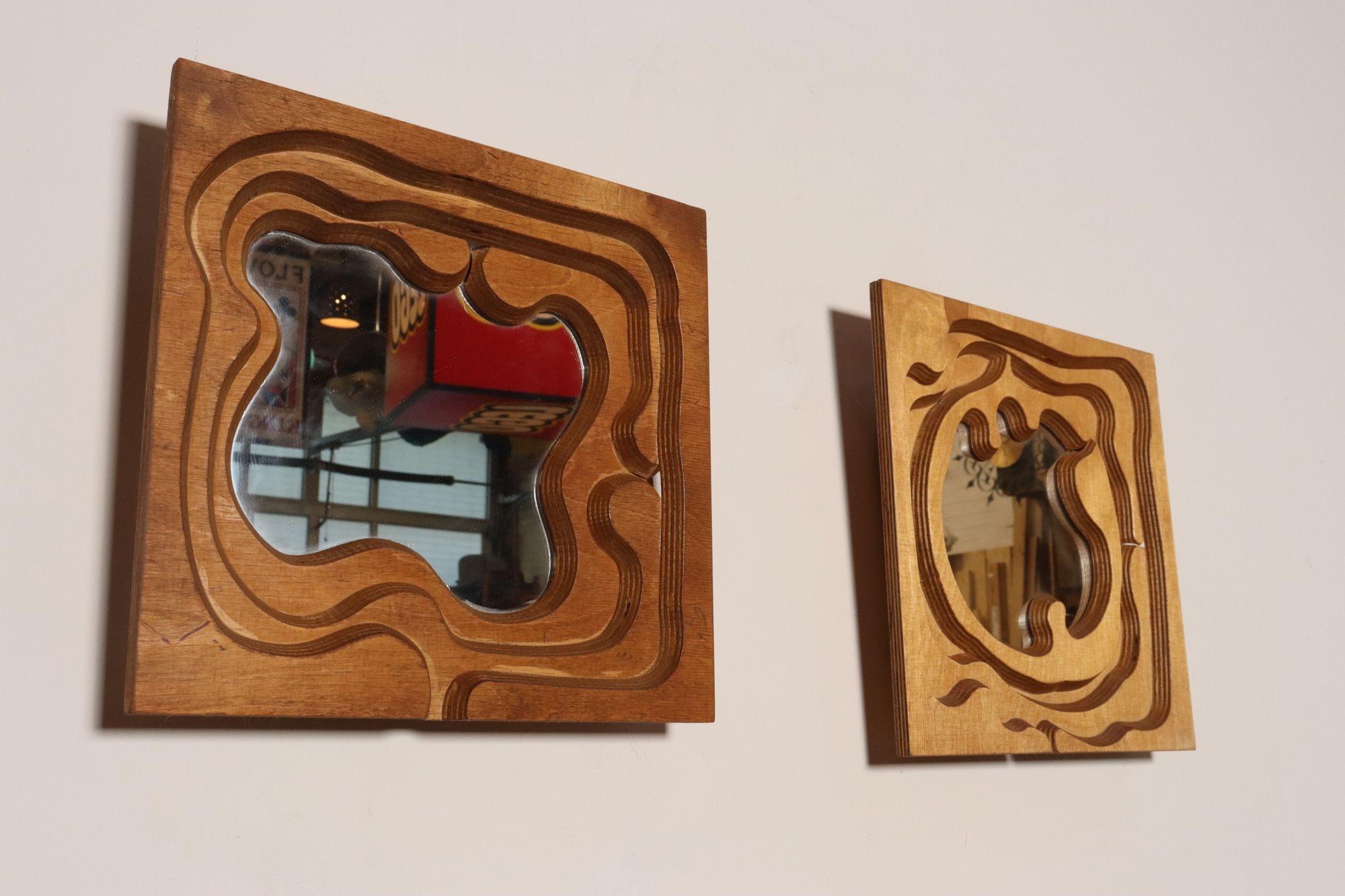 American Pair of Postmodern 3D Wooden Sculptural Puzzle Mirrors by Bernette Rudolph For Sale
