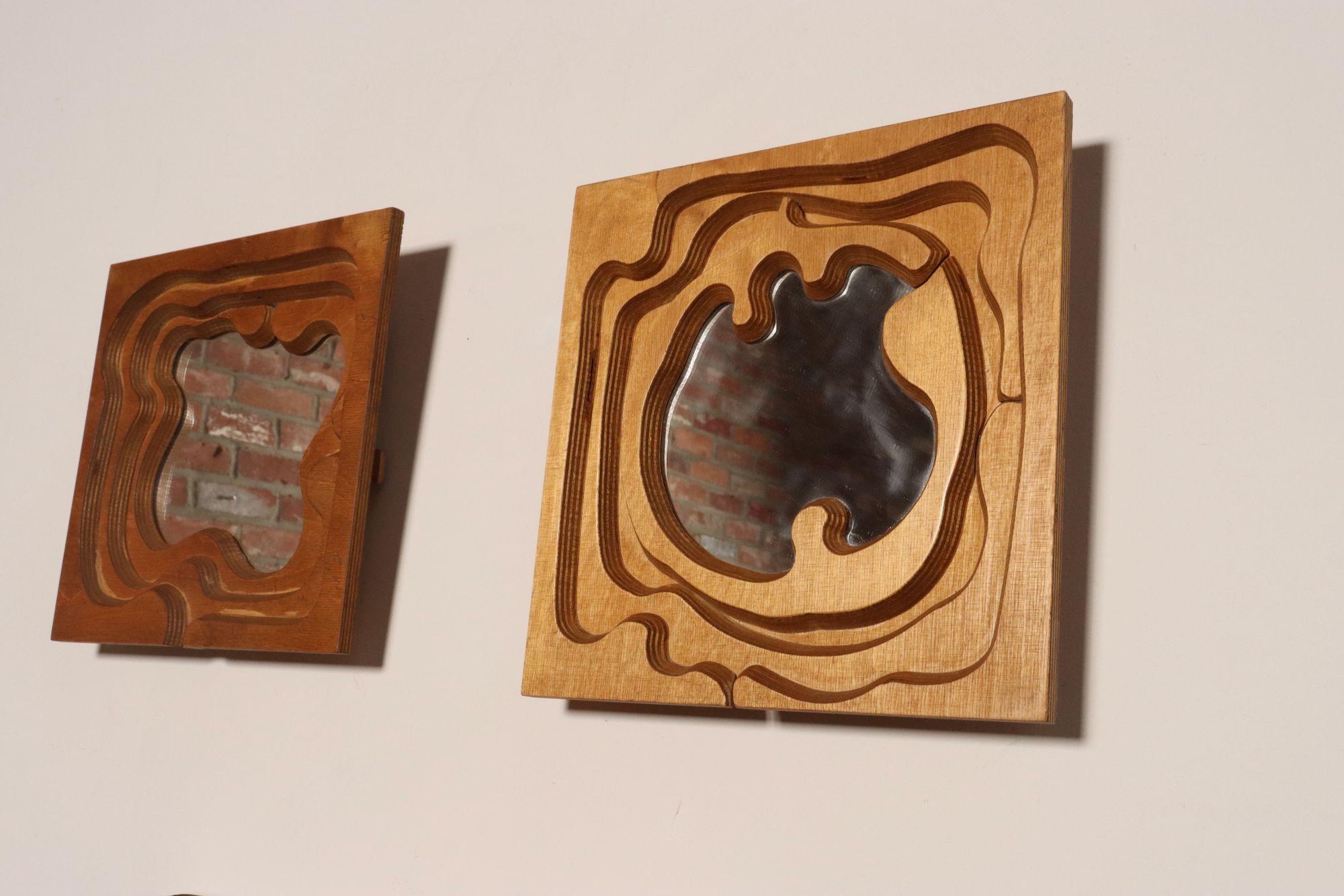 Pair of Postmodern 3D Wooden Sculptural Puzzle Mirrors by Bernette Rudolph In Good Condition For Sale In Brooklyn, NY