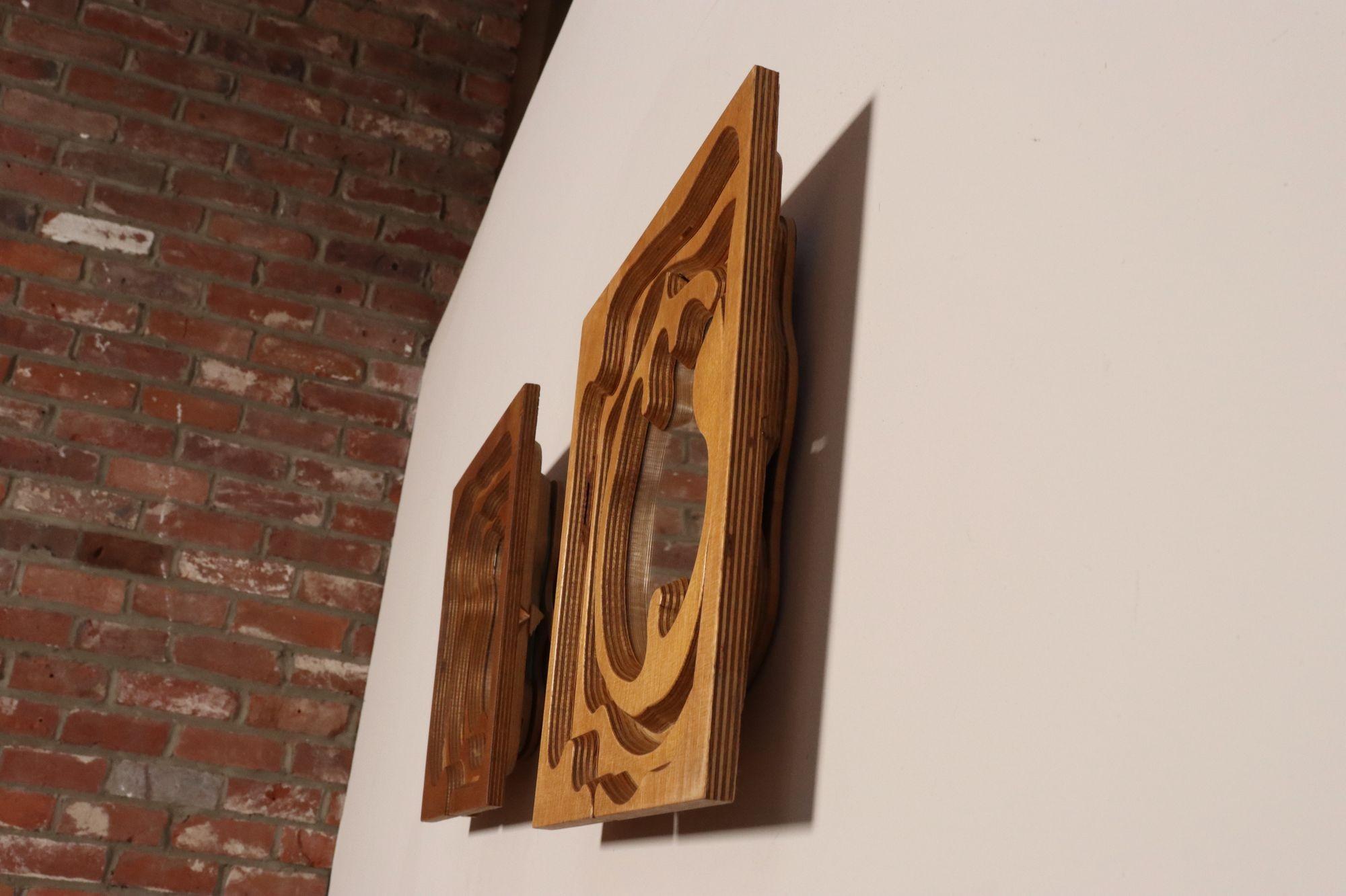 Late 20th Century Pair of Postmodern 3D Wooden Sculptural Puzzle Mirrors by Bernette Rudolph For Sale