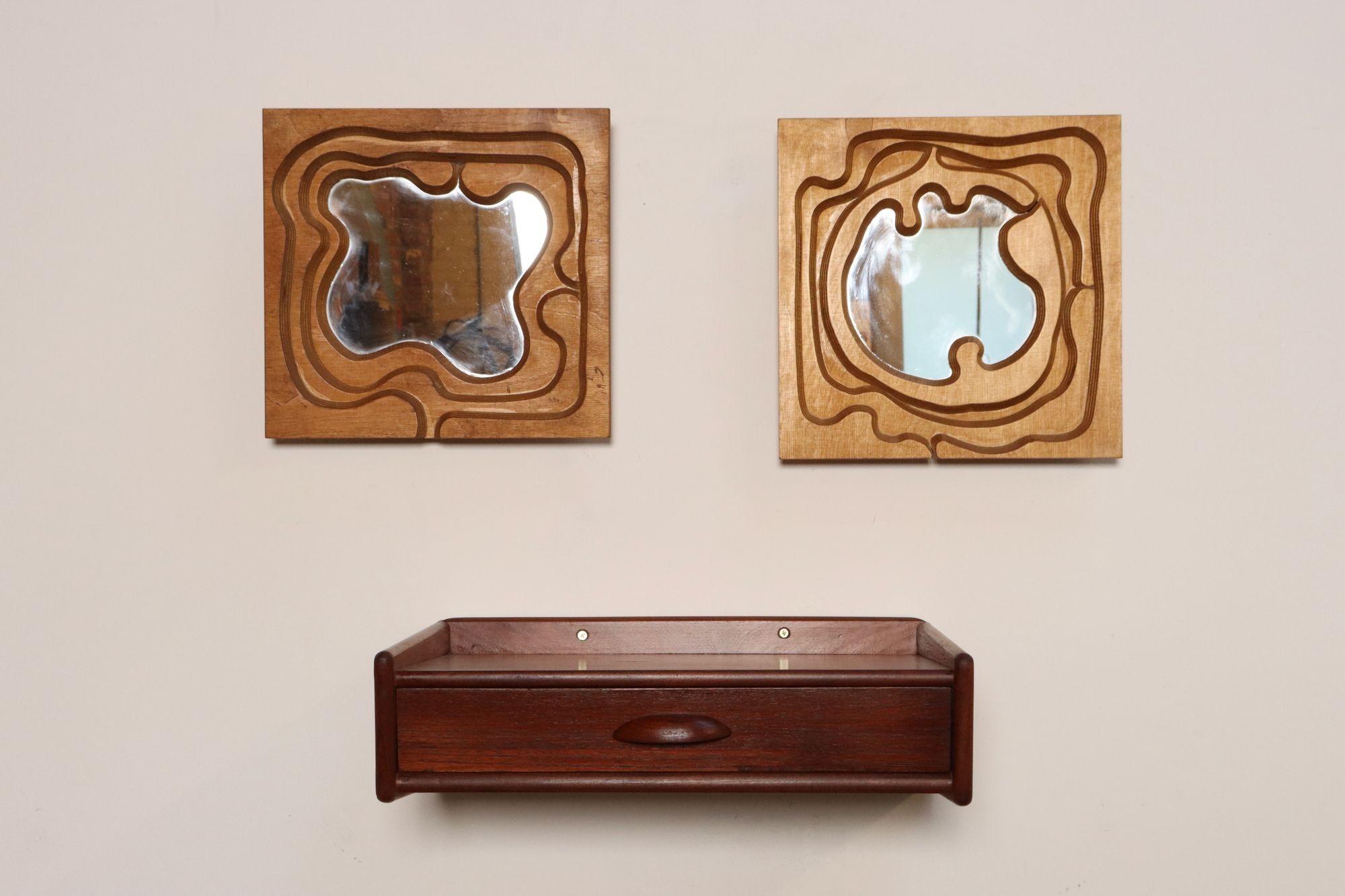 Pair of Postmodern 3D Wooden Sculptural Puzzle Mirrors by Bernette Rudolph For Sale 1