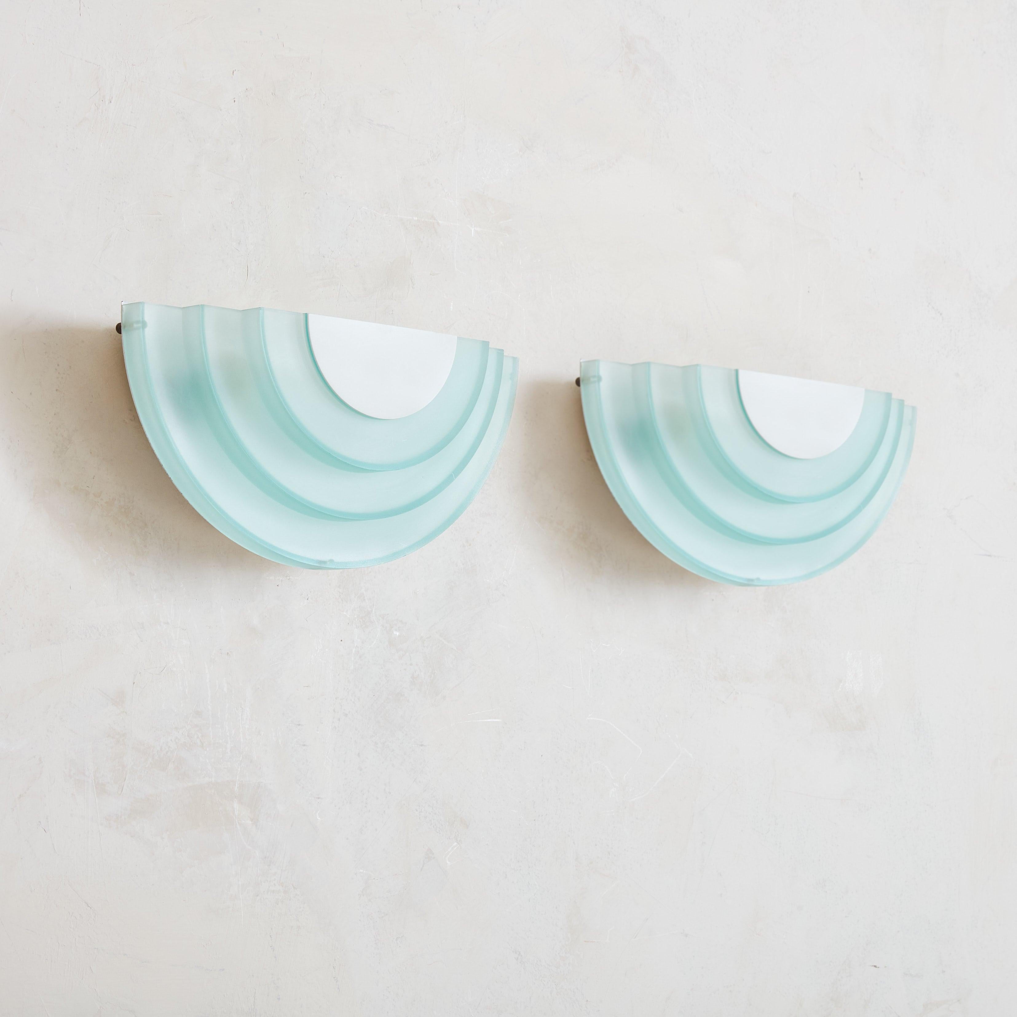 Post-Modern Pair of Postmodern Aqua + White Glass Sconces, Sweden 1980s