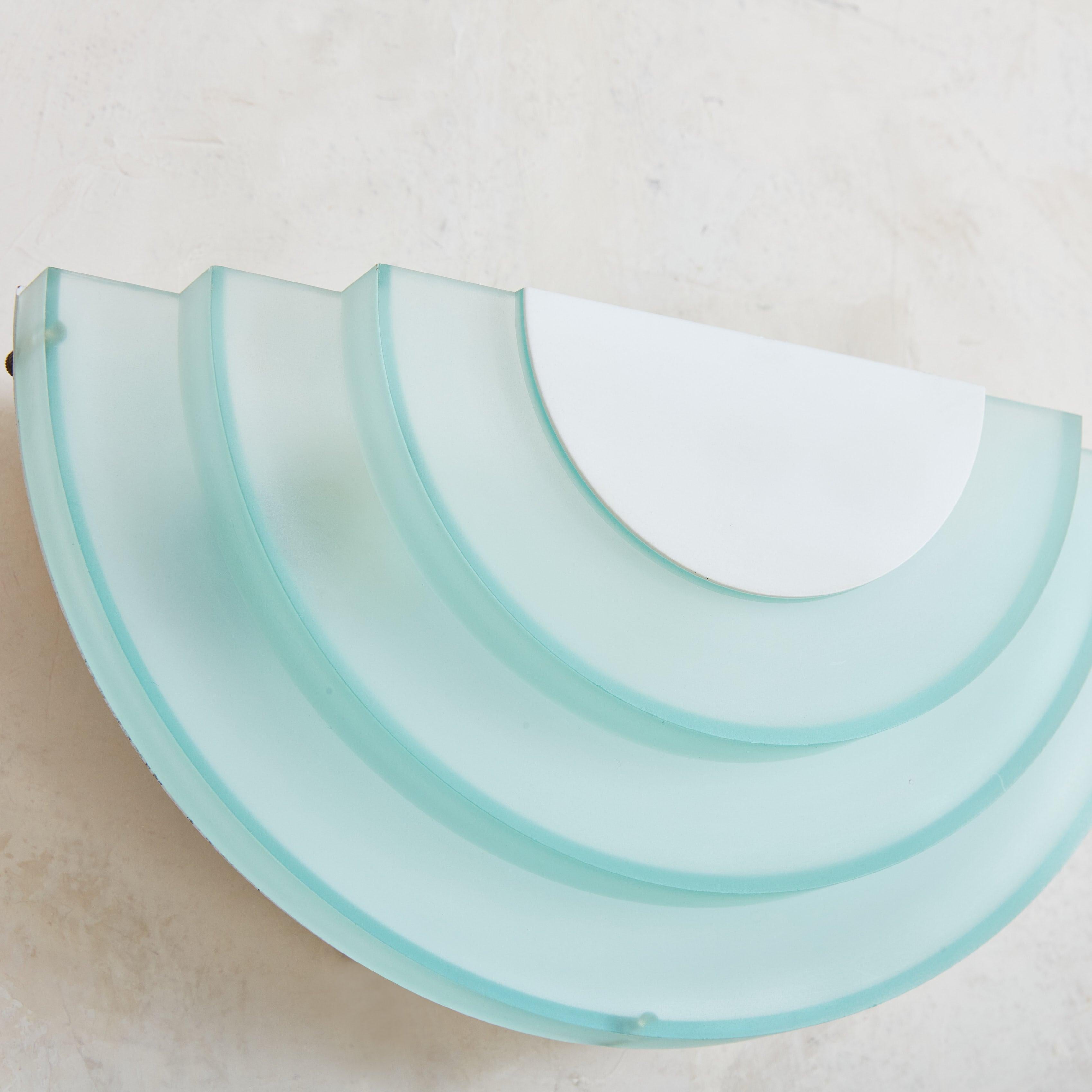 Swedish Pair of Postmodern Aqua + White Glass Sconces, Sweden 1980s