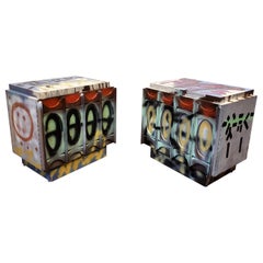 Pair of Postmodern Artist Painted Graffiti Art Nightstands