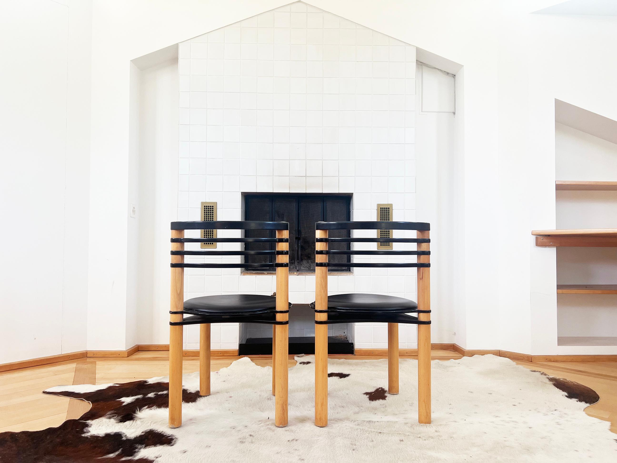 Leather Pair of Postmodern Black and Wood Chairs by Kurt Thut for Dietiker, 1980s--2 pcs For Sale