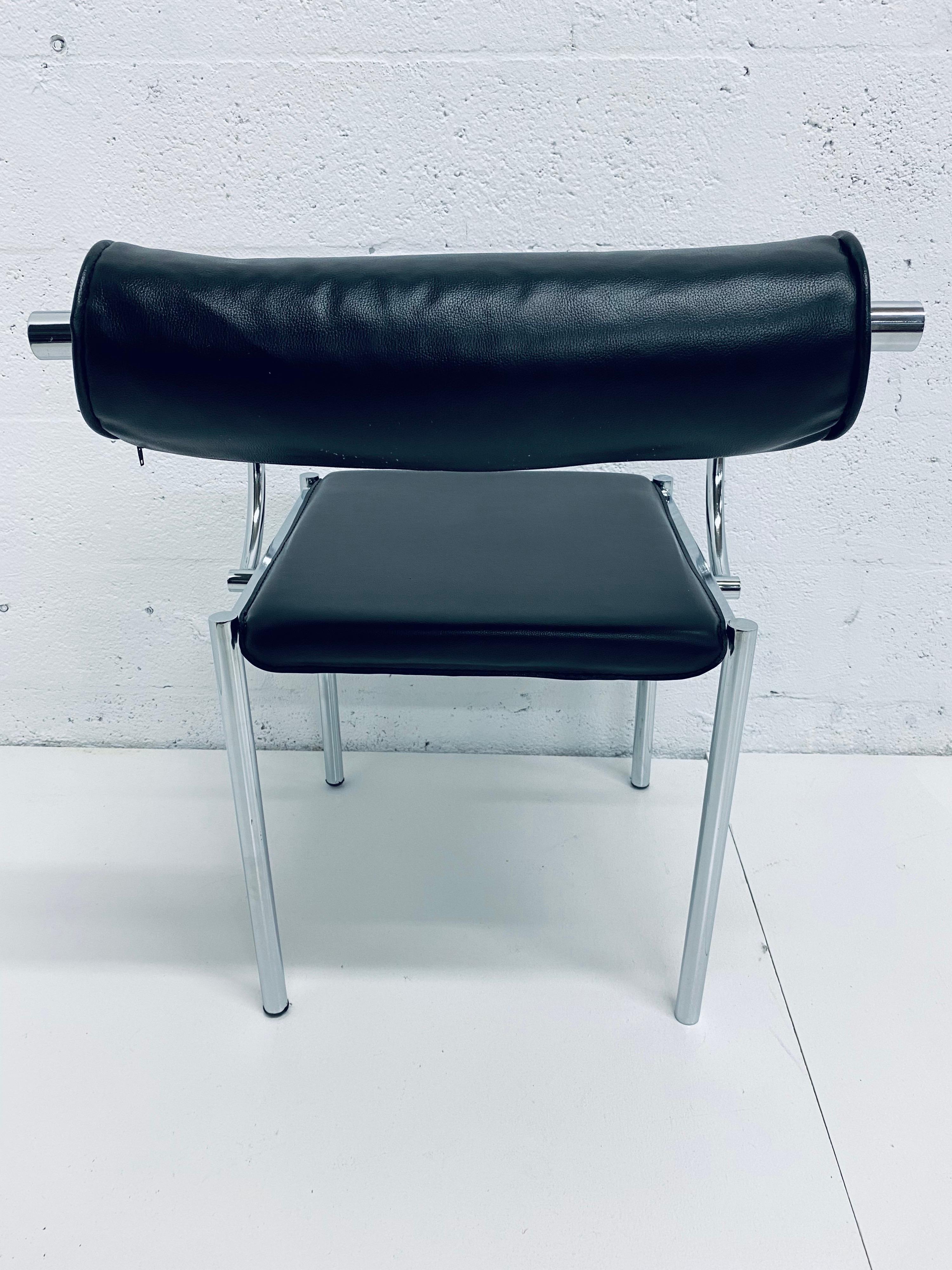 Pair of Postmodern Black Naugahyde and Chrome Dining Chairs 2