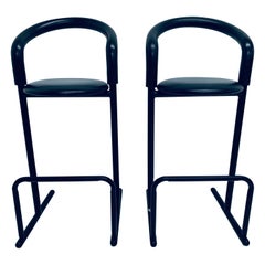 Pair of Postmodern Black Tubular Bar Stools with Foam Backs for Amisco, 1980s