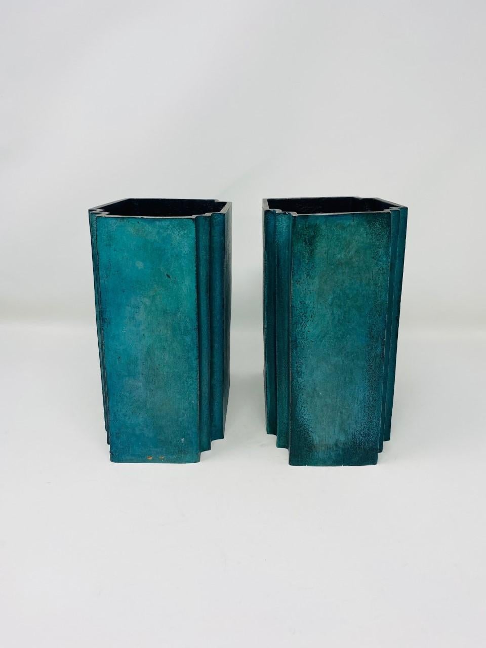 Hand-Crafted Pair of Postmodern Brass Sculptural Rectangle Vases