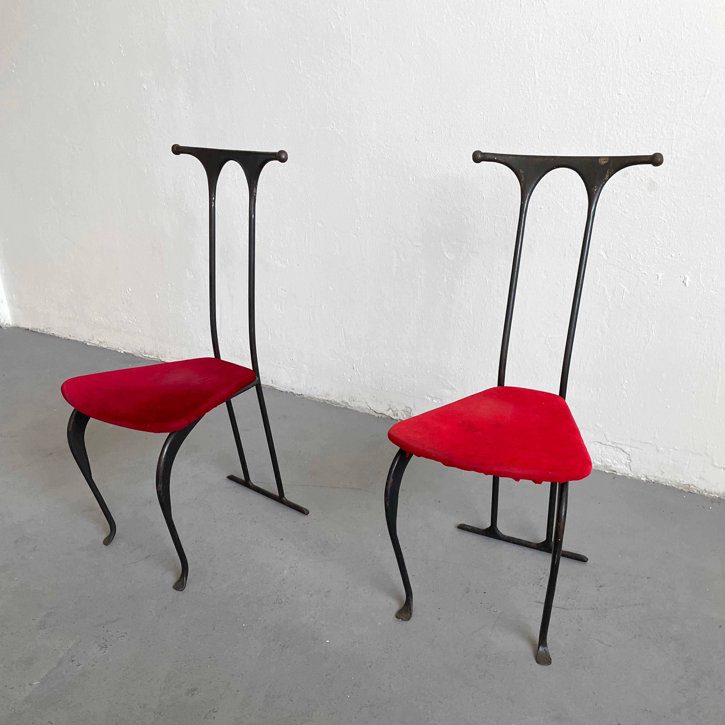 Polish Pair of Postmodern Brutalist Artisanal Wrought Iron Chairs, Poland, 1980s