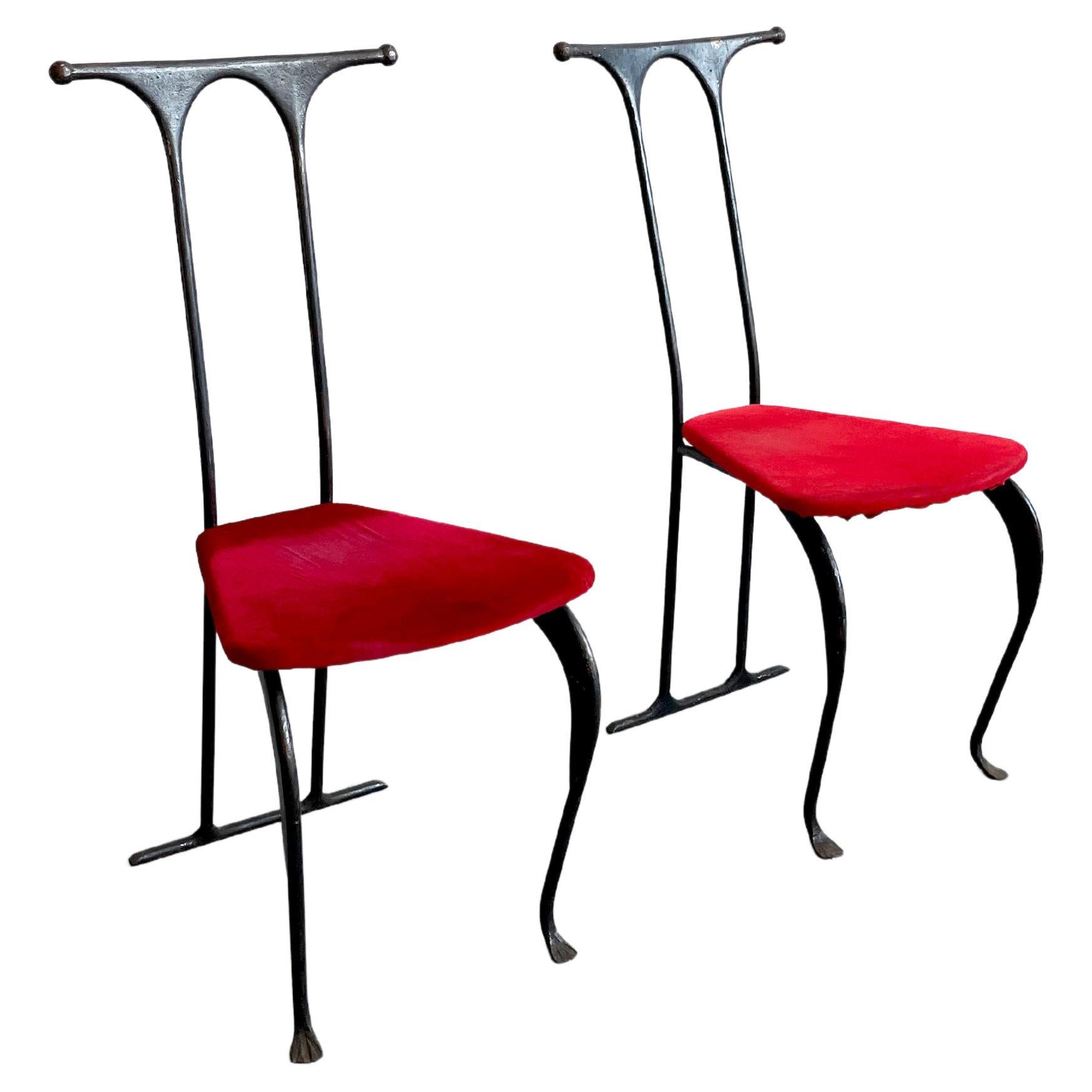 Pair of Postmodern Brutalist Artisanal Wrought Iron Chairs, Poland, 1980s