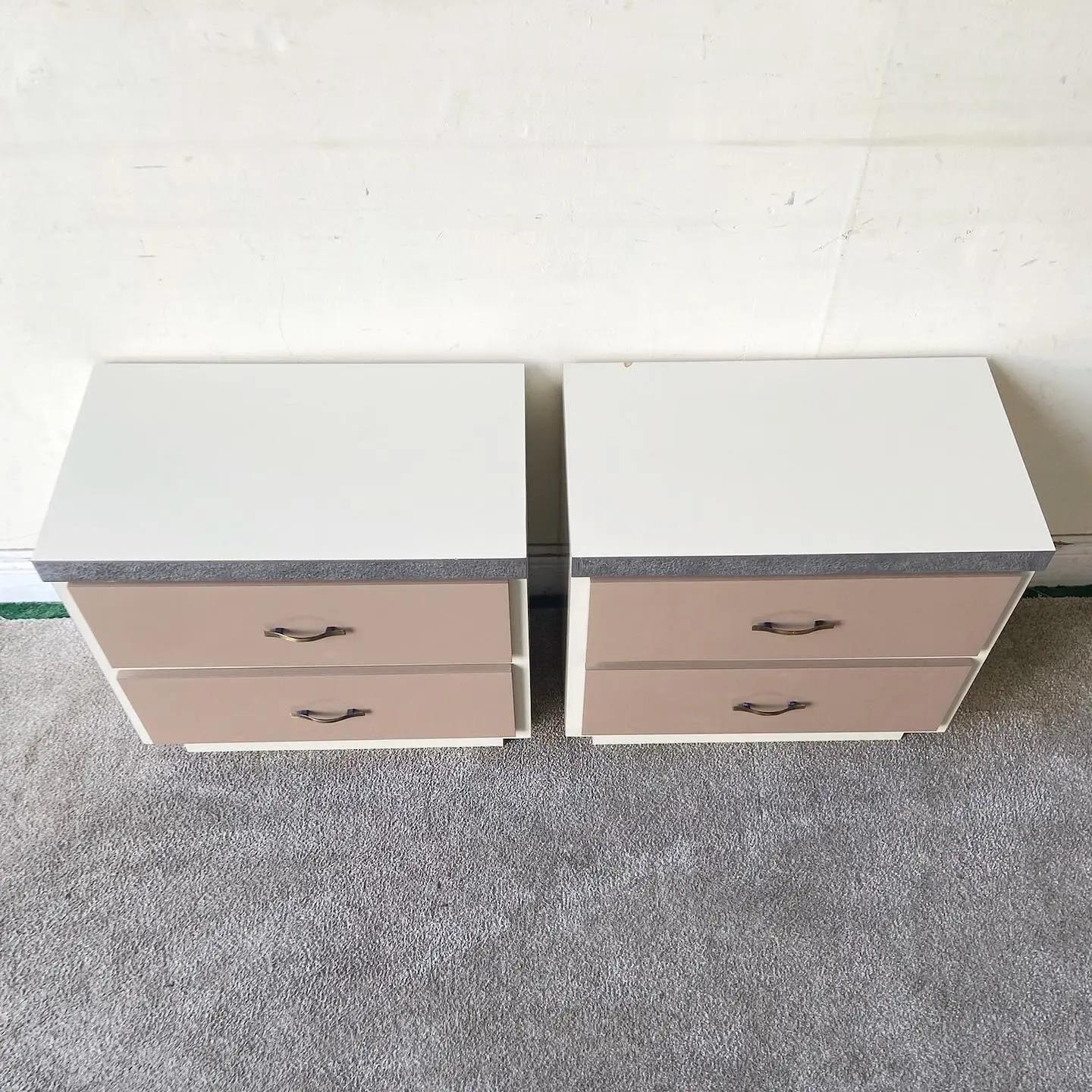 Post-Modern Pair of Postmodern Cream and Taupe Lacquer Laminate Nightstands