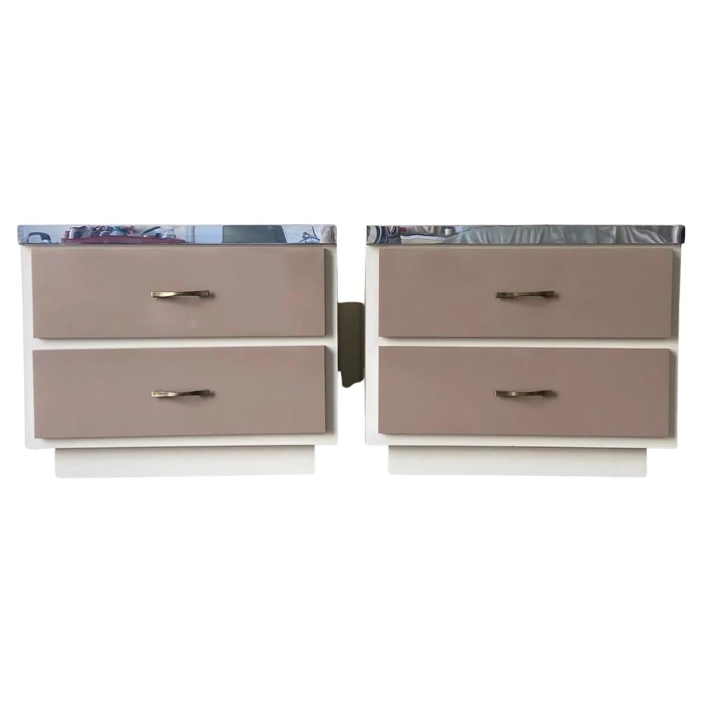 Pair of Postmodern Cream and Taupe Lacquer Laminate Nightstands