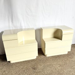 Pair of Postmodern Cream Lacquer Laminate Sculpted Two Tier Commodes/Nightstands