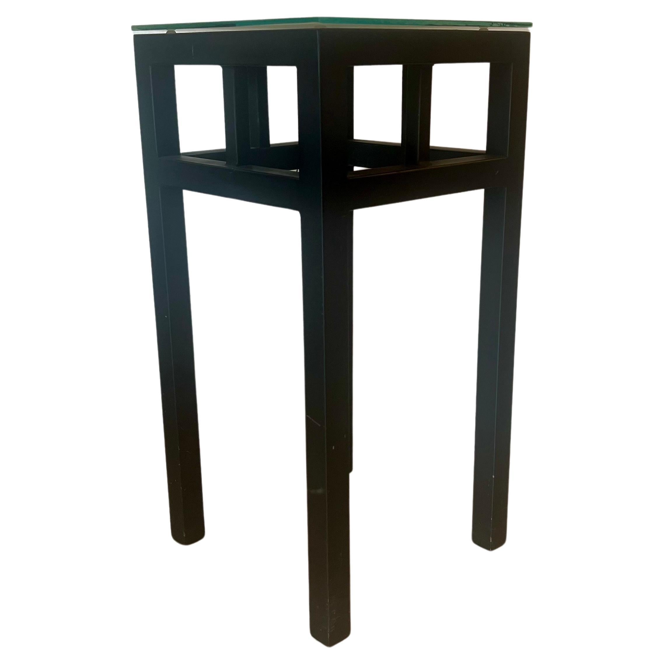 Post-Modern Pair of Postmodern Enameled Steel & Frosted Glass Top Small Tall Tables For Sale