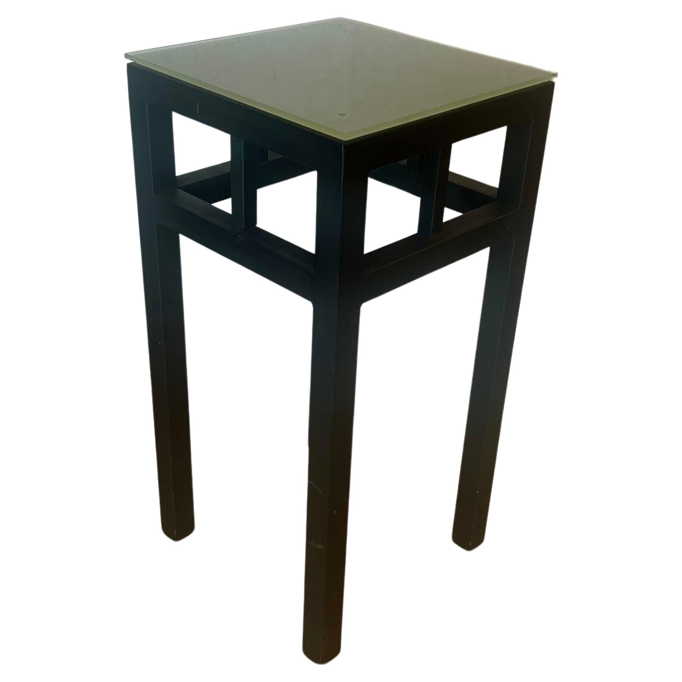 American Pair of Postmodern Enameled Steel & Frosted Glass Top Small Tall Tables For Sale