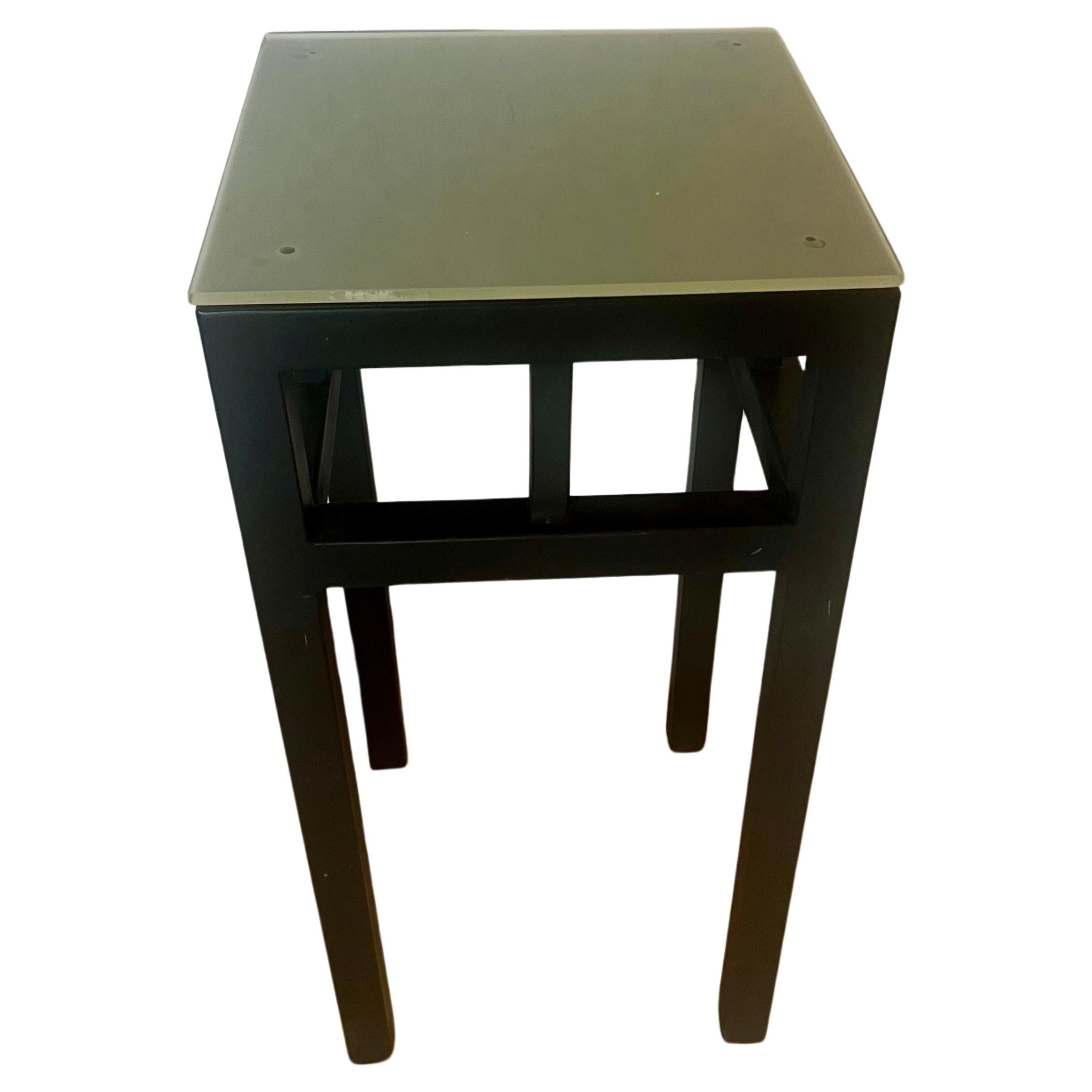Pair of Postmodern Enameled Steel & Frosted Glass Top Small Tall Tables In Excellent Condition For Sale In San Diego, CA