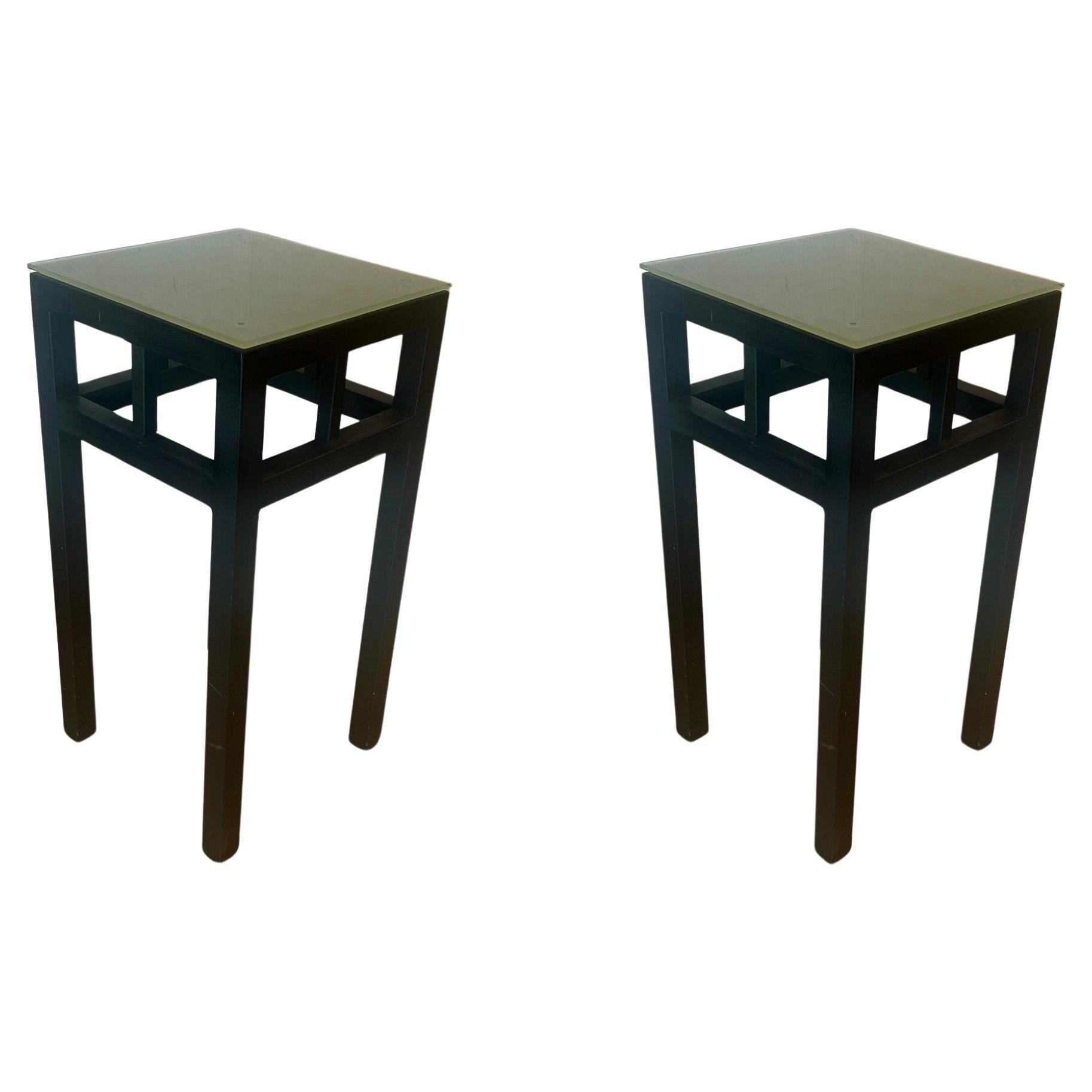 Pair of Postmodern Enameled Steel & Frosted Glass Top Small Tall Tables For Sale