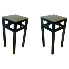 Vintage Pair of Postmodern Enameled Steel & Frosted Glass Top Small Tall Tables