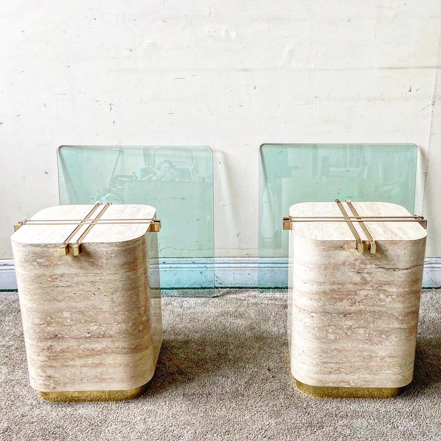 American Pair of Postmodern Faux Travertine Laminate Glass Top Side Tables