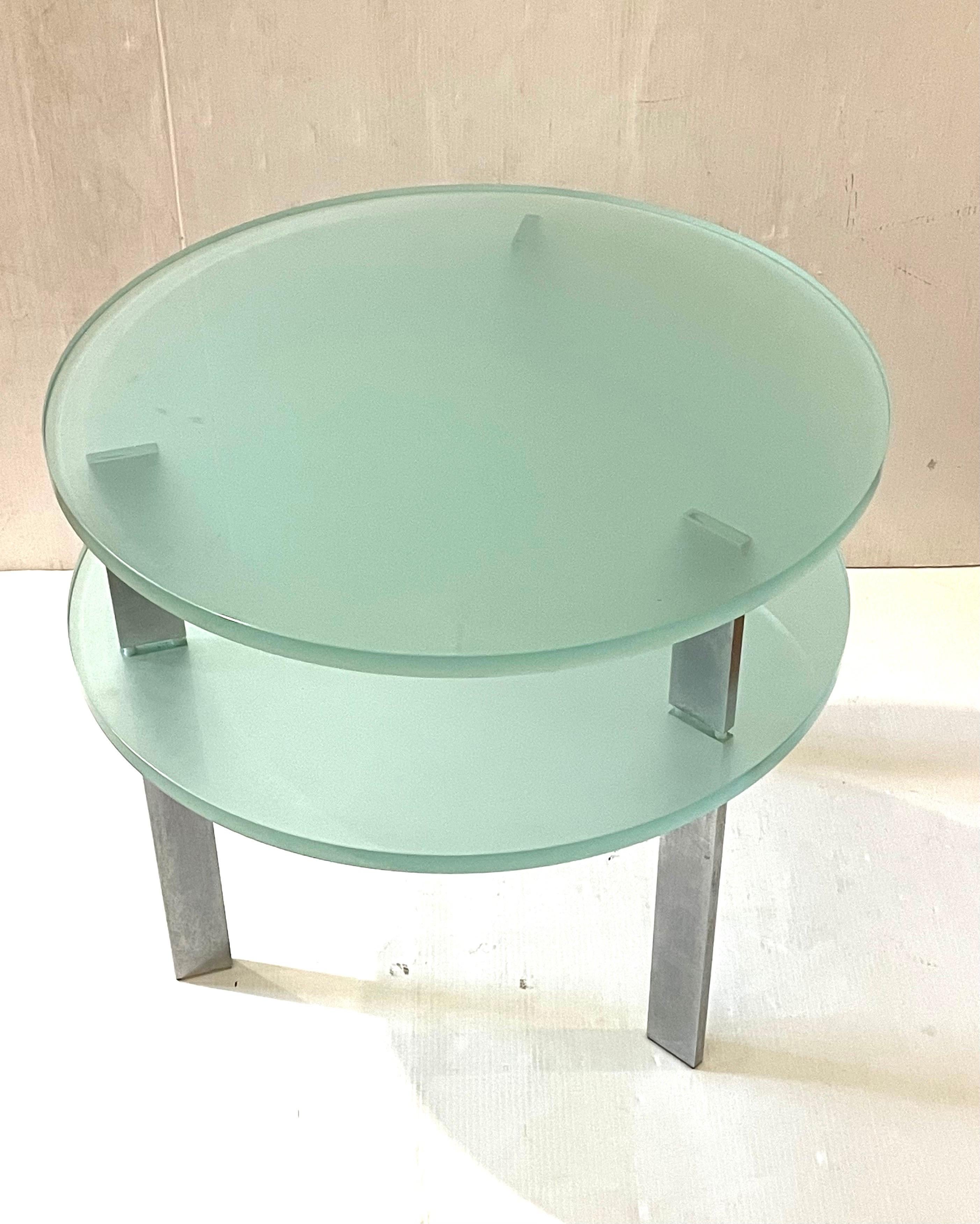 A very rare set of 2 end tables in frosted glass with aluminium legs end cocktail tables by Peter Coan for Pace furniture, circa 1980's Rea side table, these are very hard to find one of the tables shows small chip on the side as shown due to age