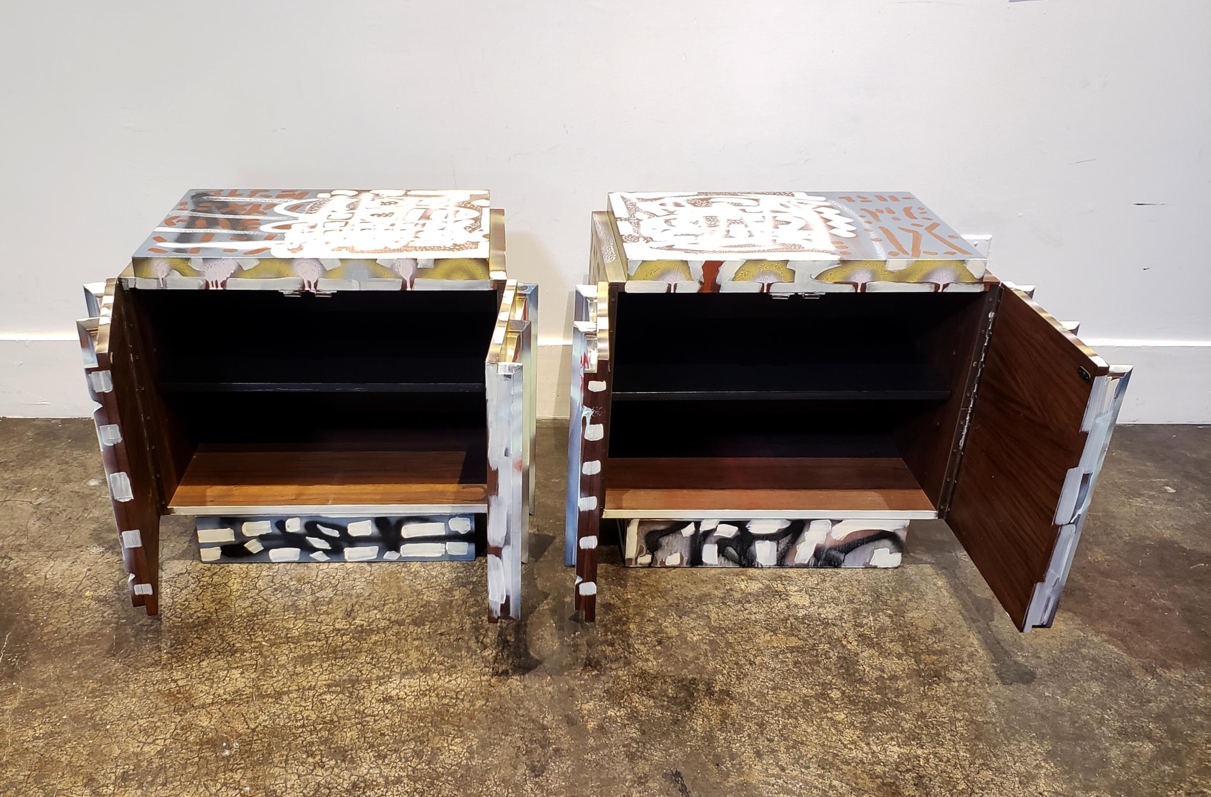 Hand-Painted Pair of Postmodern Graffiti Art Brutalist Nightstands For Sale