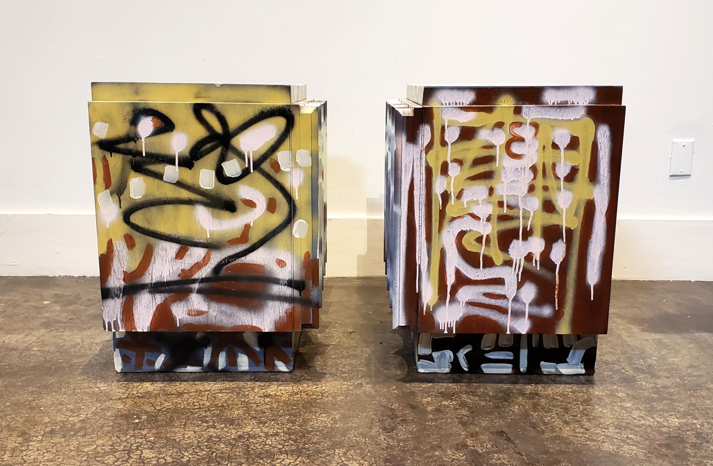 Pair of Postmodern Graffiti Art Brutalist Nightstands In Good Condition For Sale In Dallas, TX