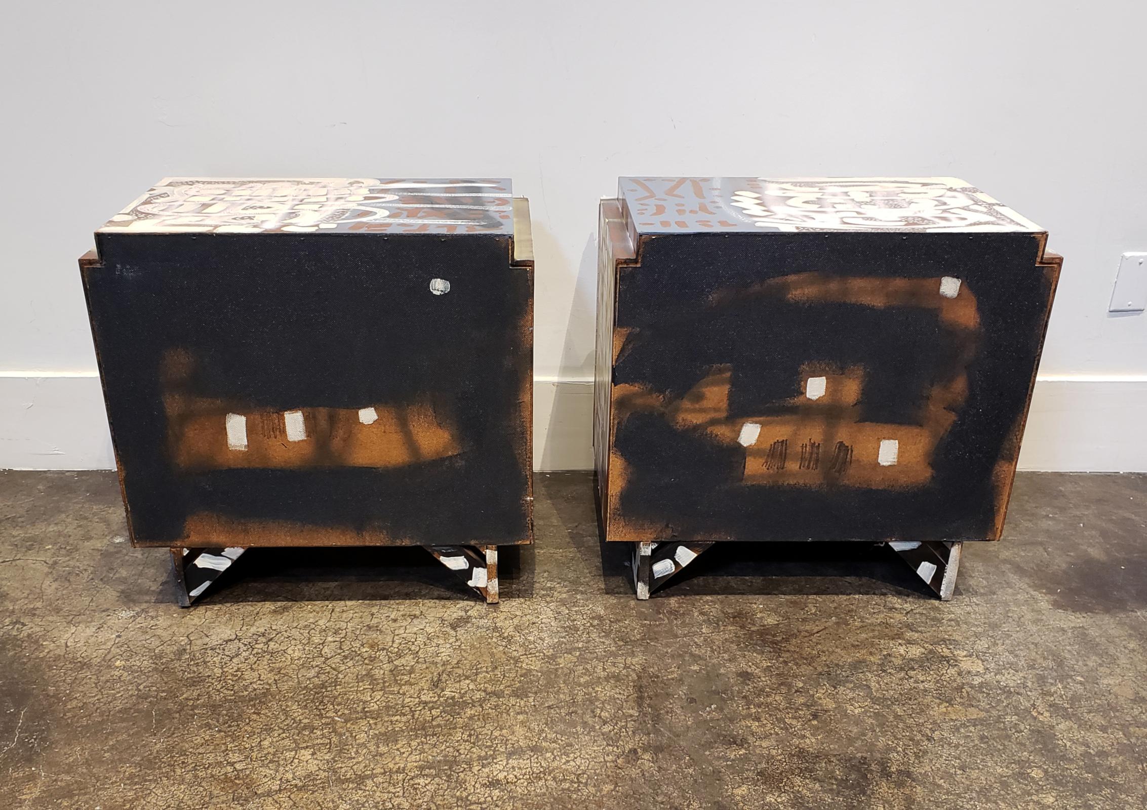 Contemporary Pair of Postmodern Graffiti Art Brutalist Nightstands For Sale