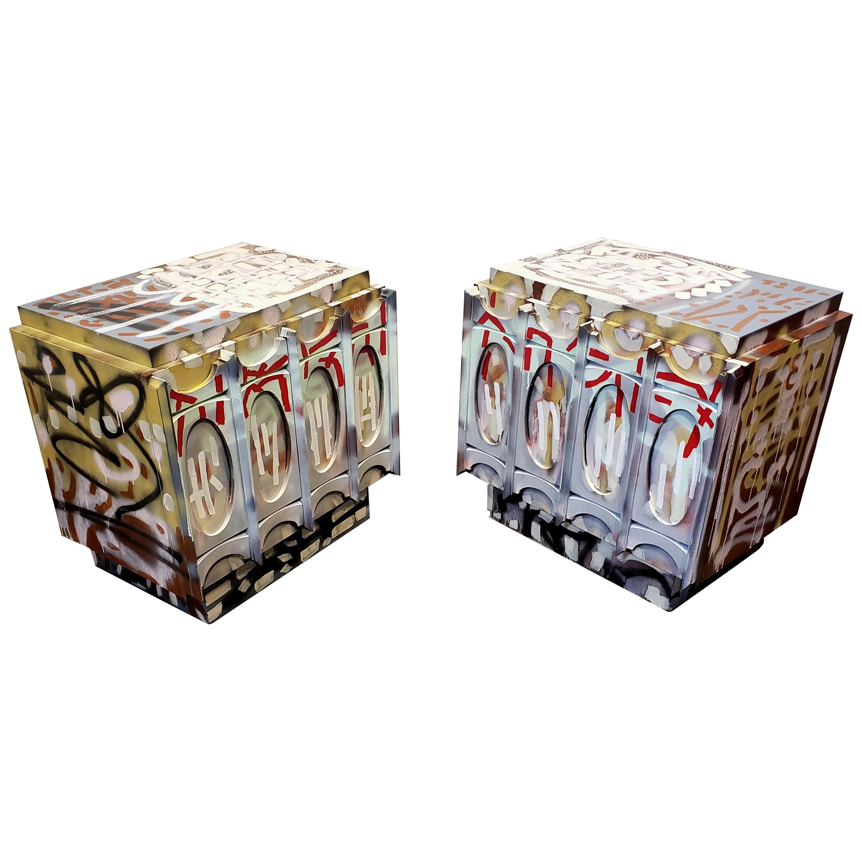 Pair of Postmodern Graffiti Art Brutalist Nightstands For Sale