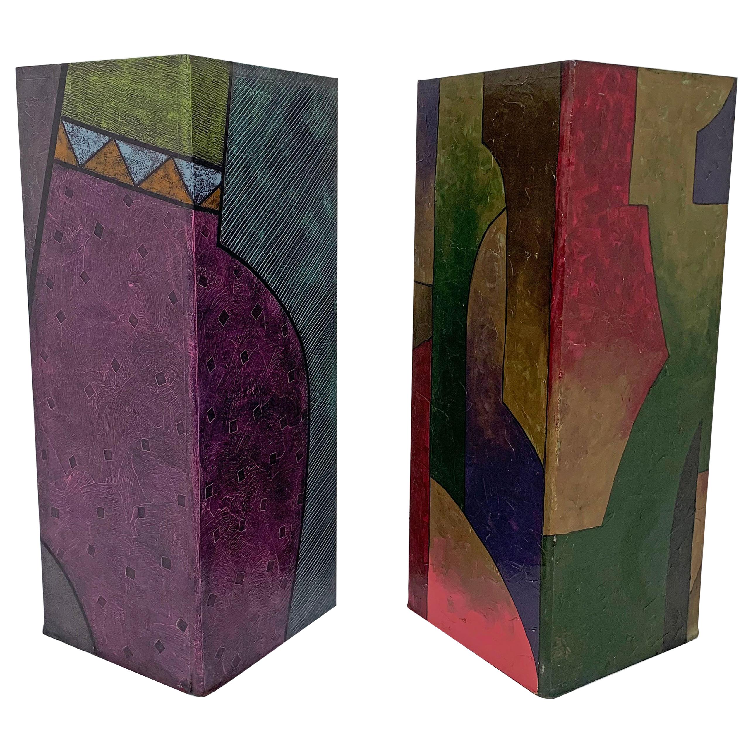 Pair of Postmodern Hand Painted Pedestals in the Memphis Group Style circa 1980s