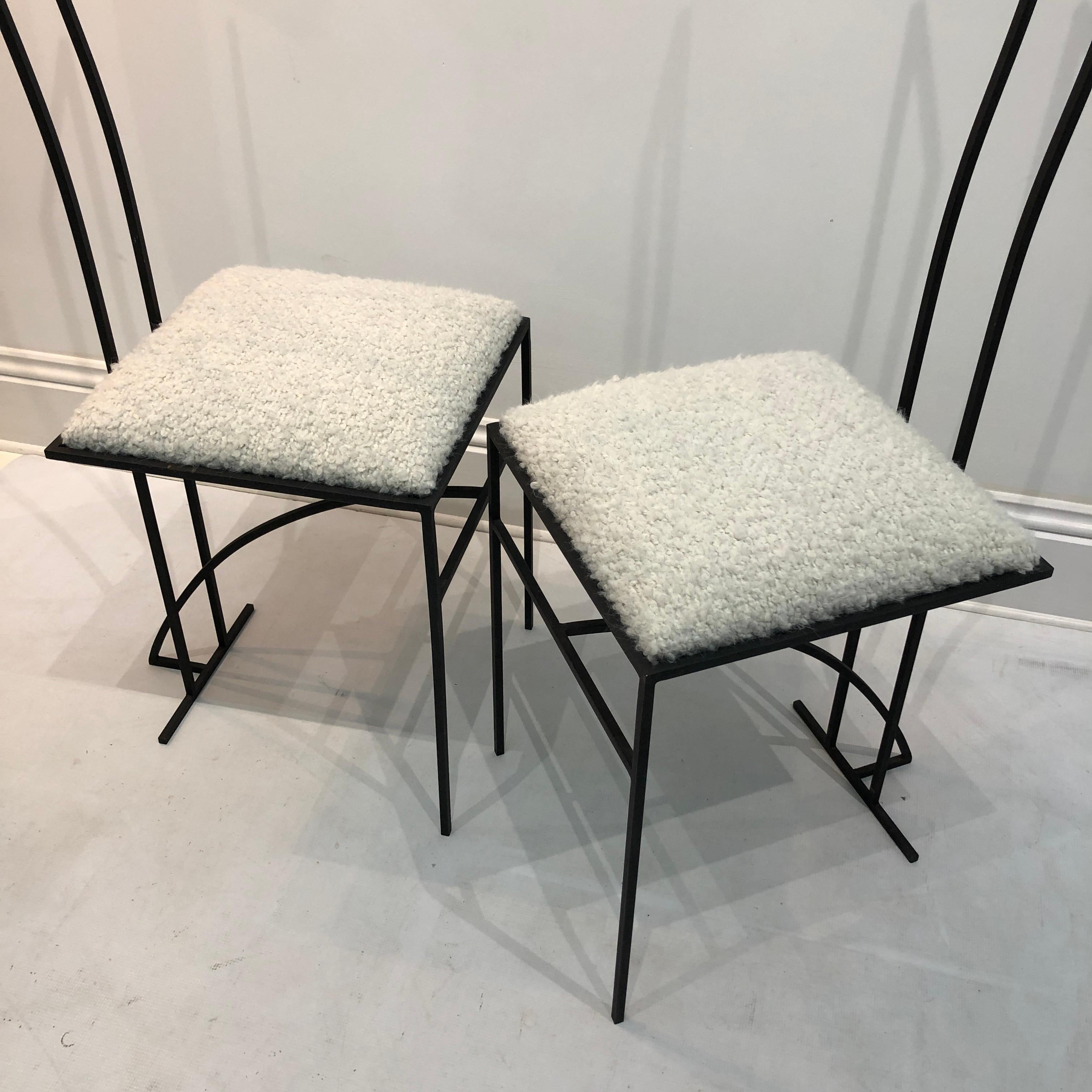 Pair of Postmodern High Back Black Metal Side Chairs in Boucle 1980s Vintage 70s For Sale 8