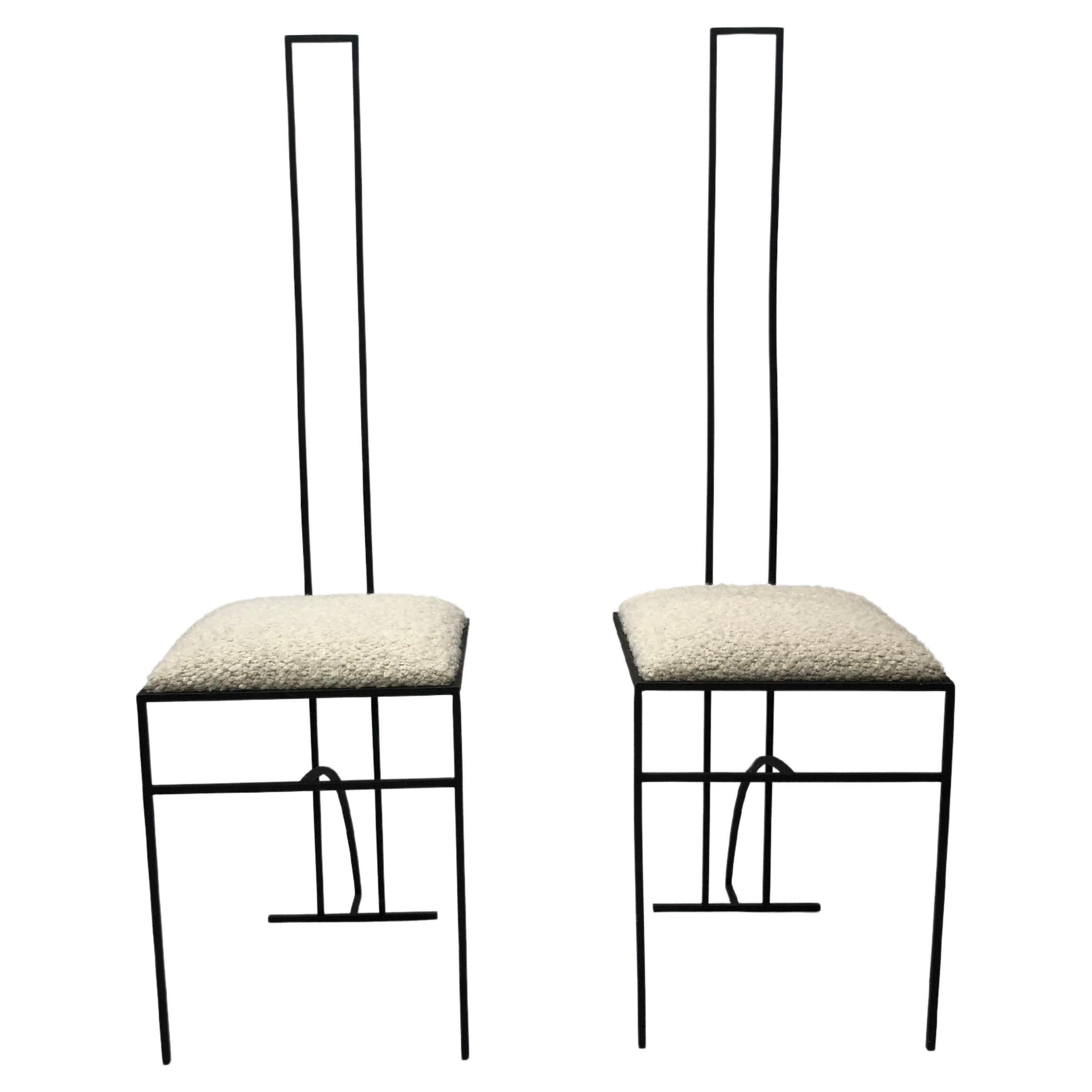 Pair of Postmodern High Back Black Metal Side Chairs in Boucle 1980s Vintage 70s For Sale