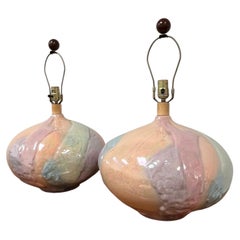 Pair of Postmodern Iridescent Crackle Glazed Studio Pottery Table Lamps, 1980s
