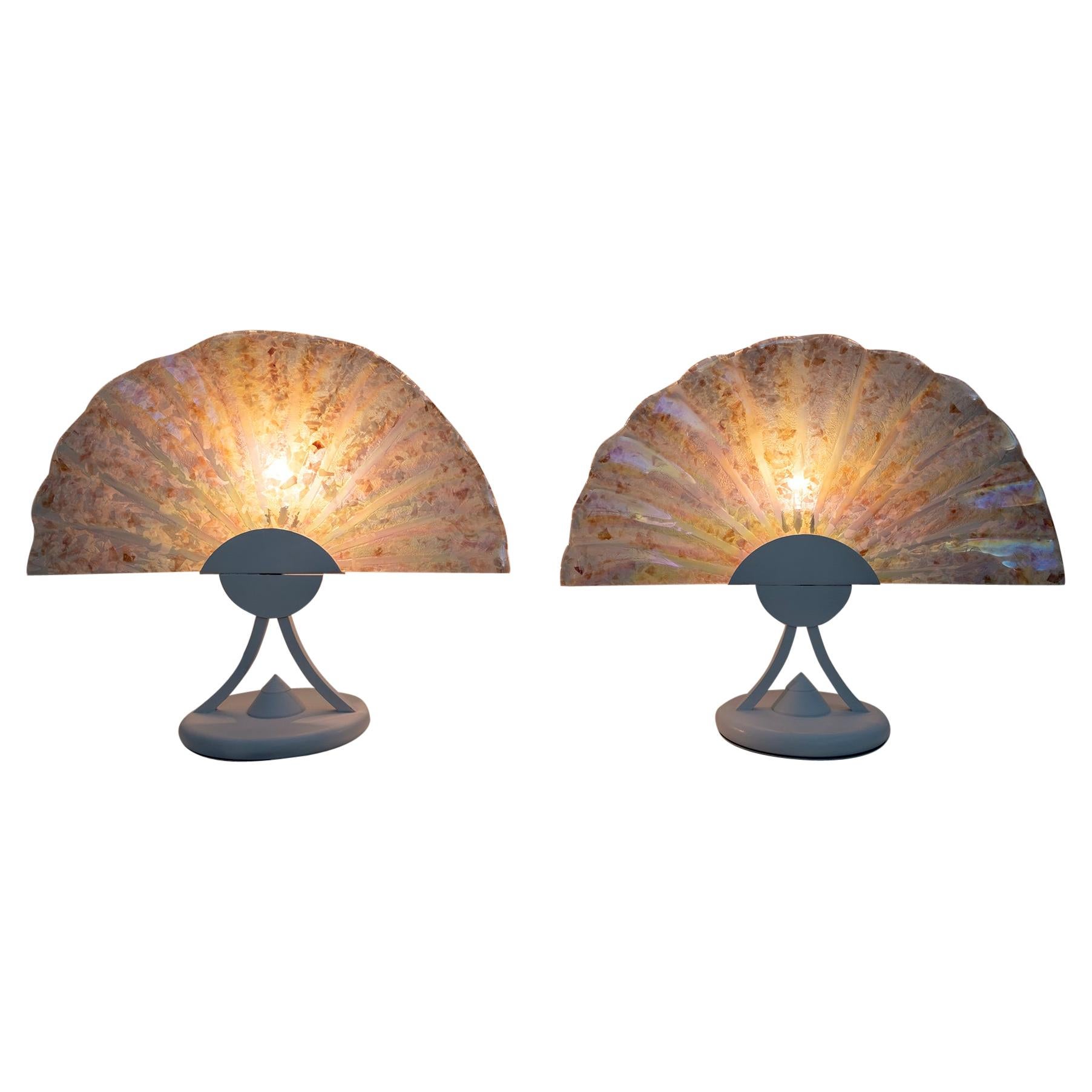 Pair of Postmodern Italian Iridescent Murano Glass Fan Table Lamps, 1980s For Sale