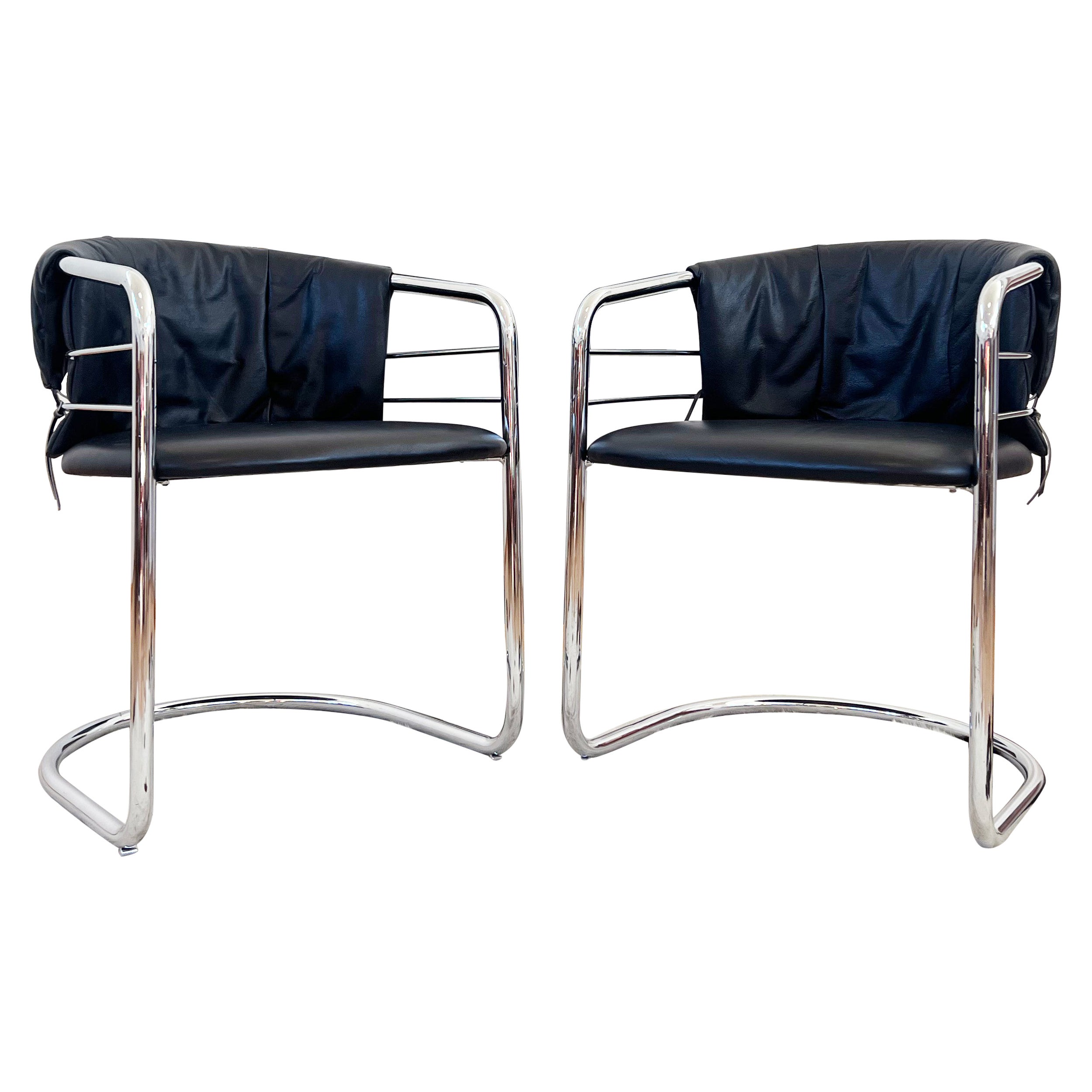 Pair of Postmodern Italian Leather and Polished Chrome Accent Sling Chairs
