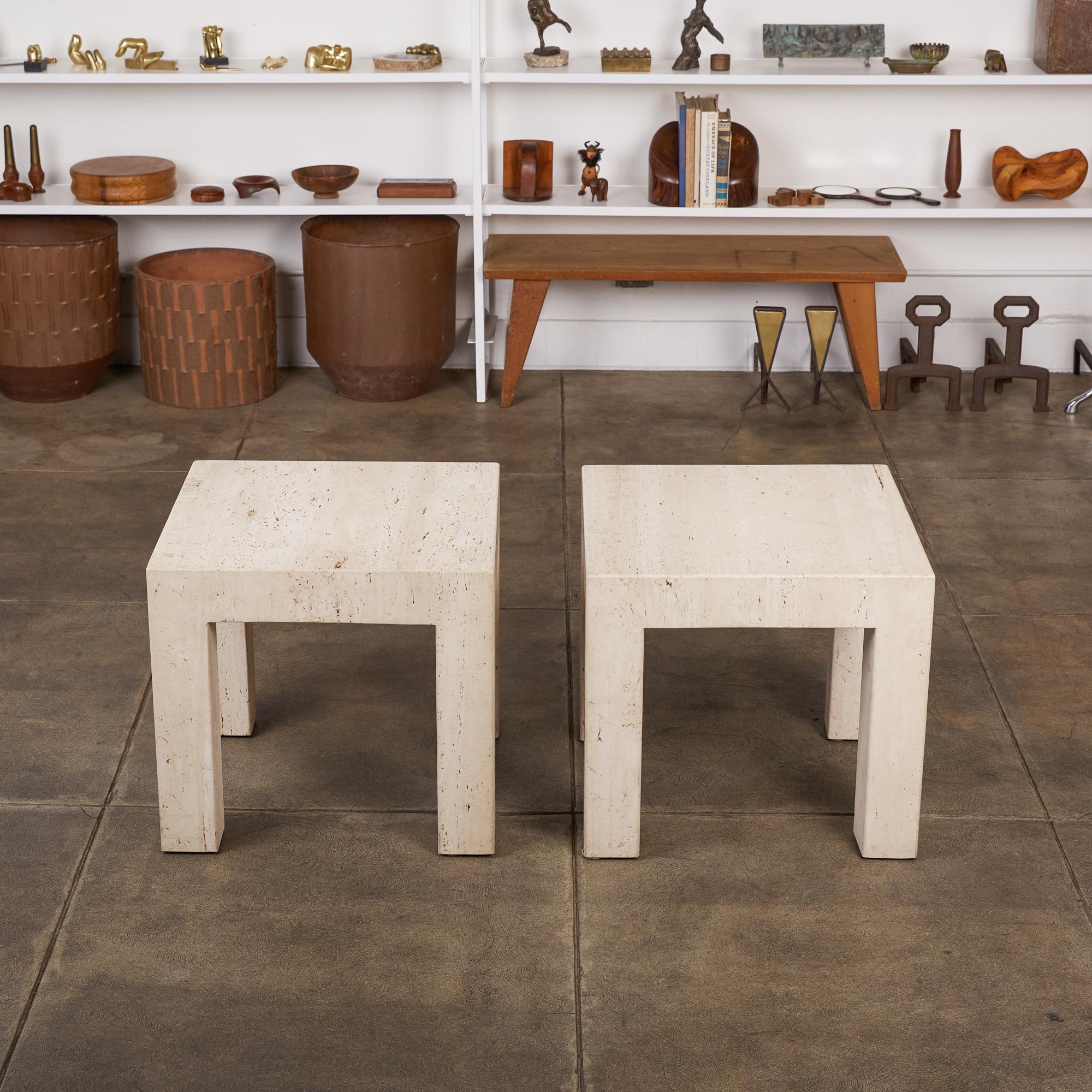 Pair of Postmodern Italian Travertine Side Tables In Excellent Condition In Los Angeles, CA
