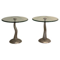 Pair of Postmodern Memphis Wavy Metal & Glass Top Round End Side Tables